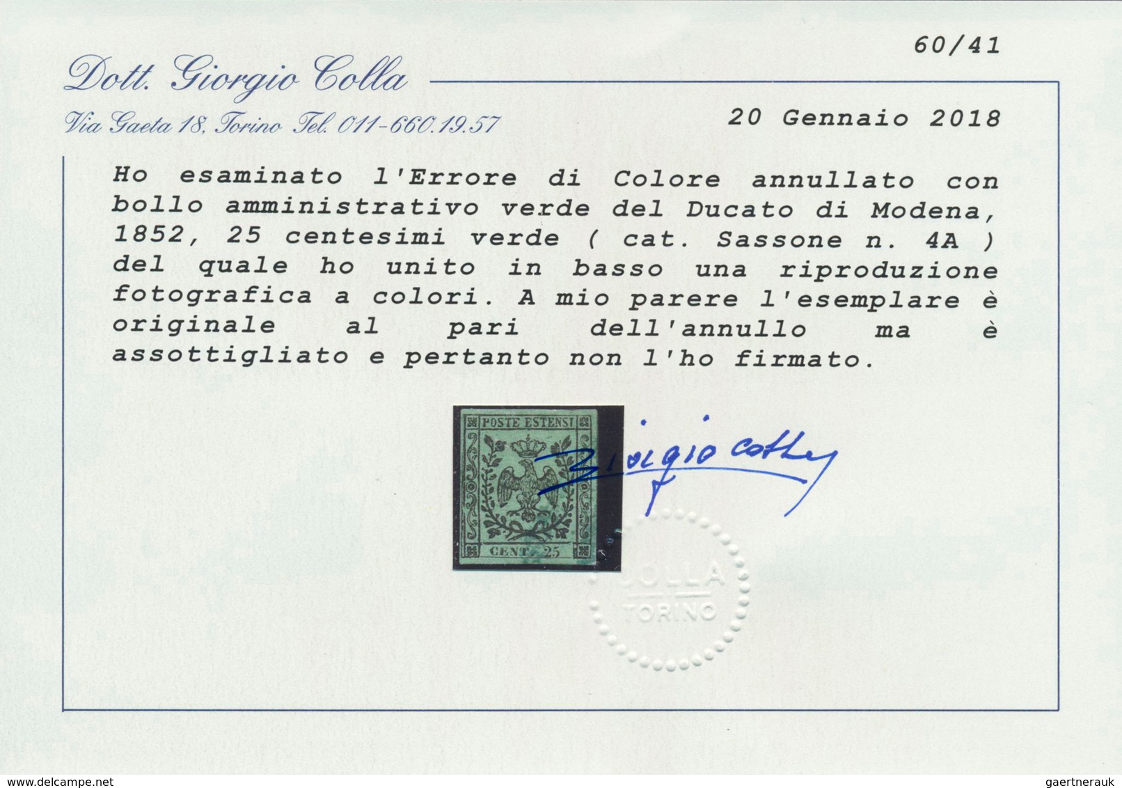 14654 Italien - Altitalienische Staaten: Modena: 1852: 25 Black On Green (error Of Color, Green Instead Of - Modena