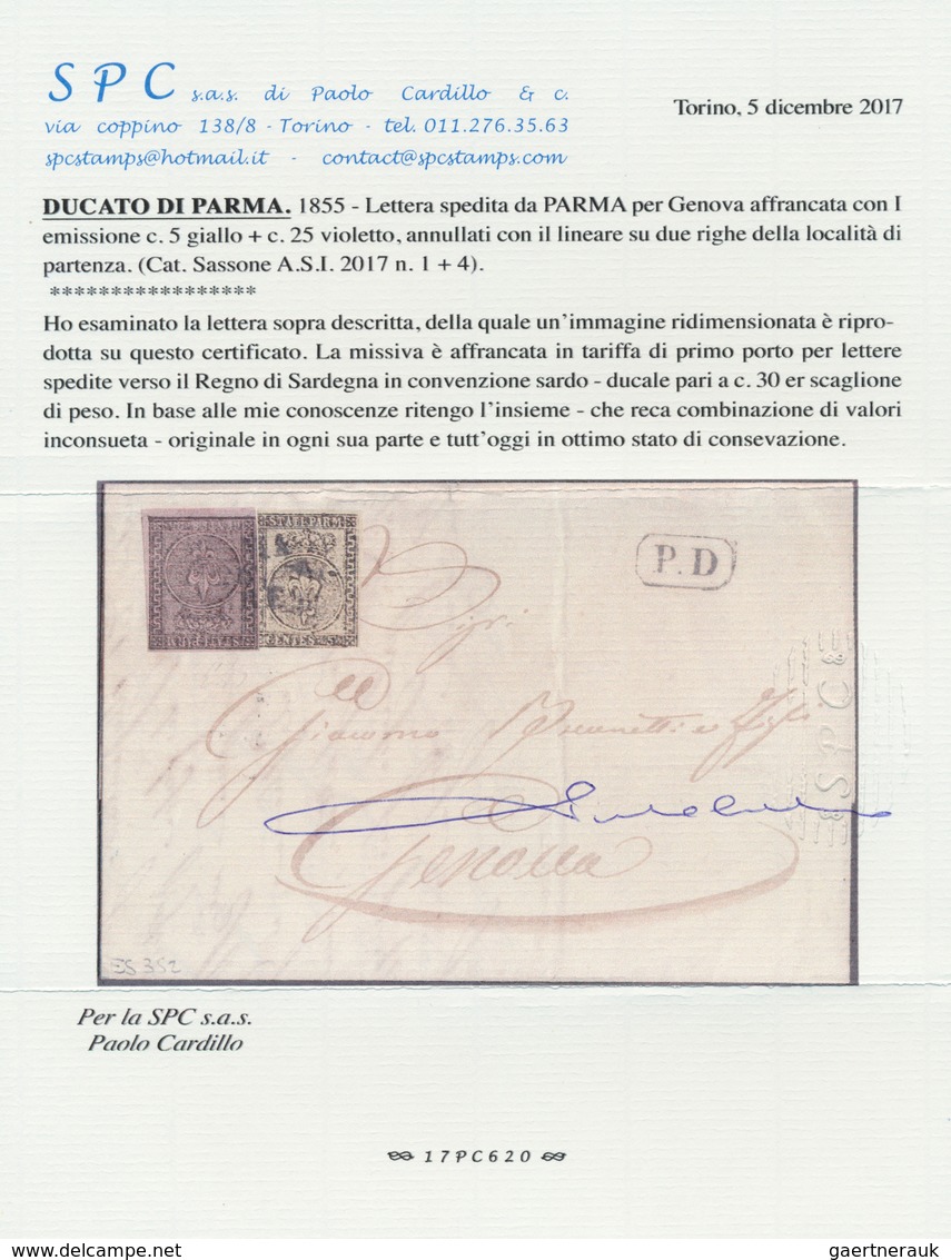 14666 Italien - Altitalienische Staaten: Parma: 1855: 25 C Black On Violett + 5 C Black On Yellow, Cancele - Parme