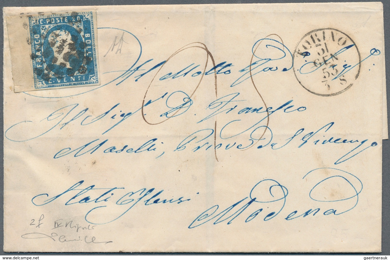 14673 Italien - Altitalienische Staaten: Sardinien: 1853: Letter From Turin To Modena, 31 Jan 53, Franked - Sardinien