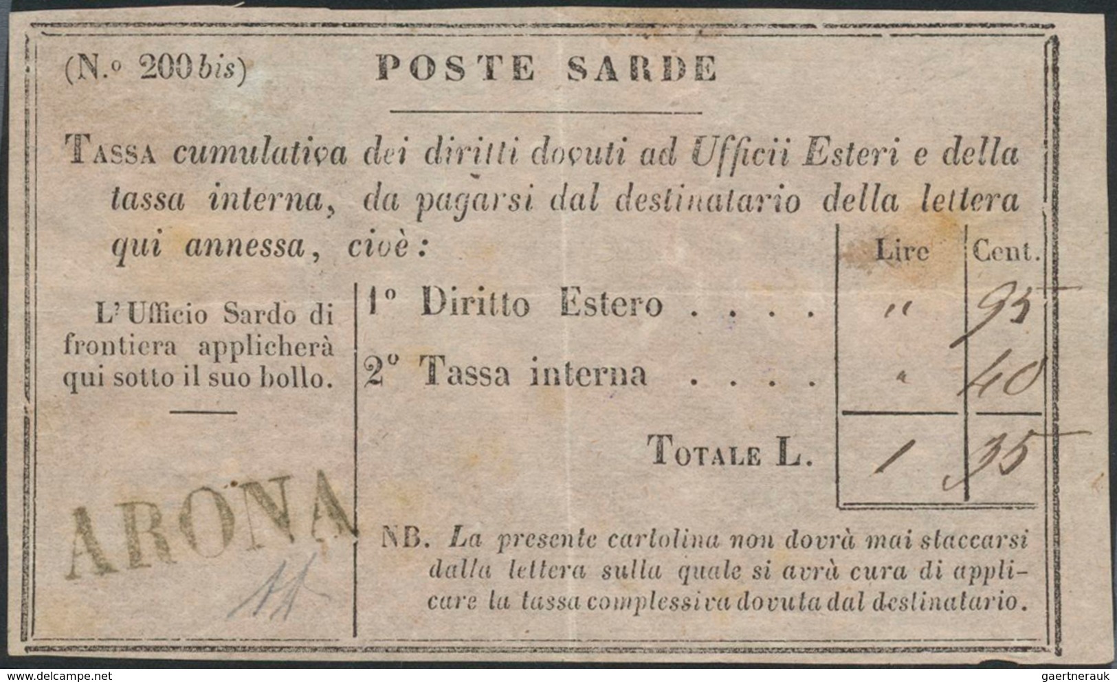 14674 Italien - Altitalienische Staaten: Sardinien: 1859: Sardinian Postage Due Stamp/from, Used In ARONA, - Sardaigne
