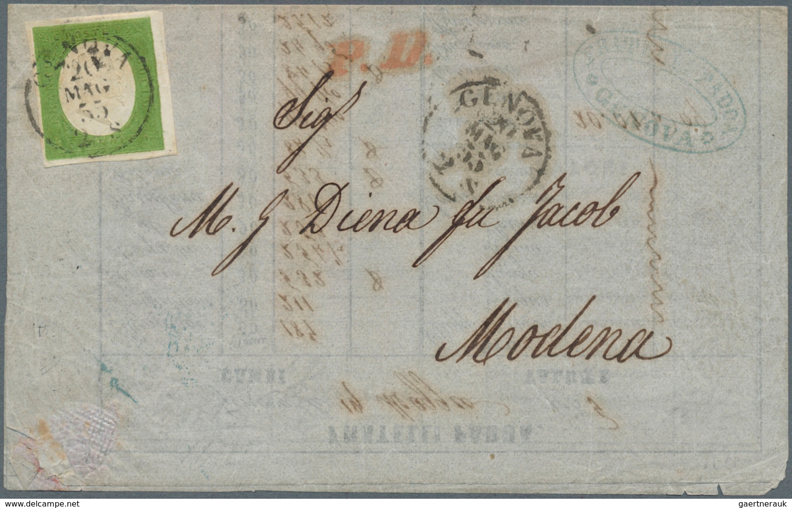 14676 Italien - Altitalienische Staaten: Sardinien: 1855, 5 C Yellow Green, Full To Wide Margins, Single F - Sardinien