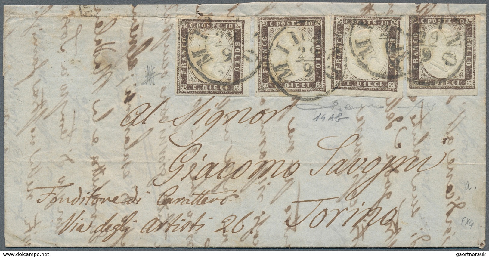 14680 Italien - Altitalienische Staaten: Sardinien: 1859: IV Emission, 10 C Brown-violett, 1st Plate, 1859 - Sardaigne