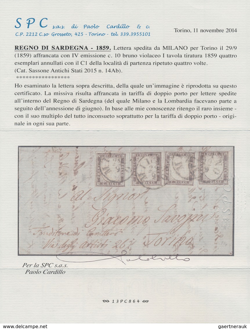 14680 Italien - Altitalienische Staaten: Sardinien: 1859: IV Emission, 10 C Brown-violett, 1st Plate, 1859 - Sardaigne