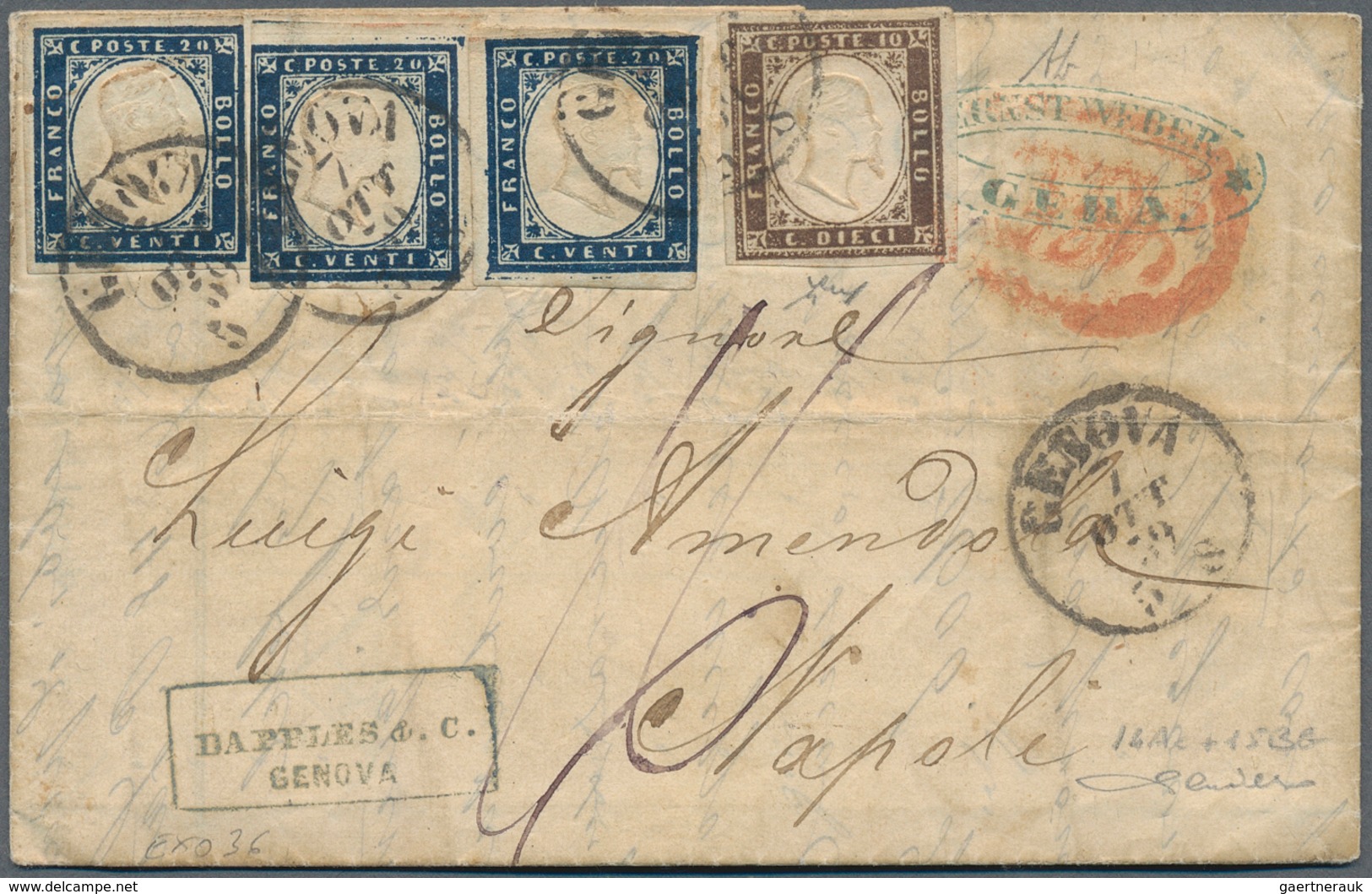 14681 Italien - Altitalienische Staaten: Sardinien: 1859: 10 C Purple Brown And 3x 20 C Dark Blue On Lette - Sardaigne