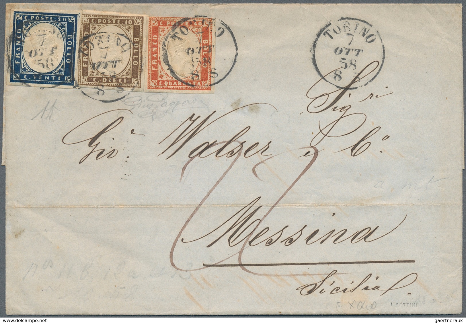 14682 Italien - Altitalienische Staaten: Sardinien: 1858: IV Emission, Three Color Franking: 40 C Red + 10 - Sardaigne