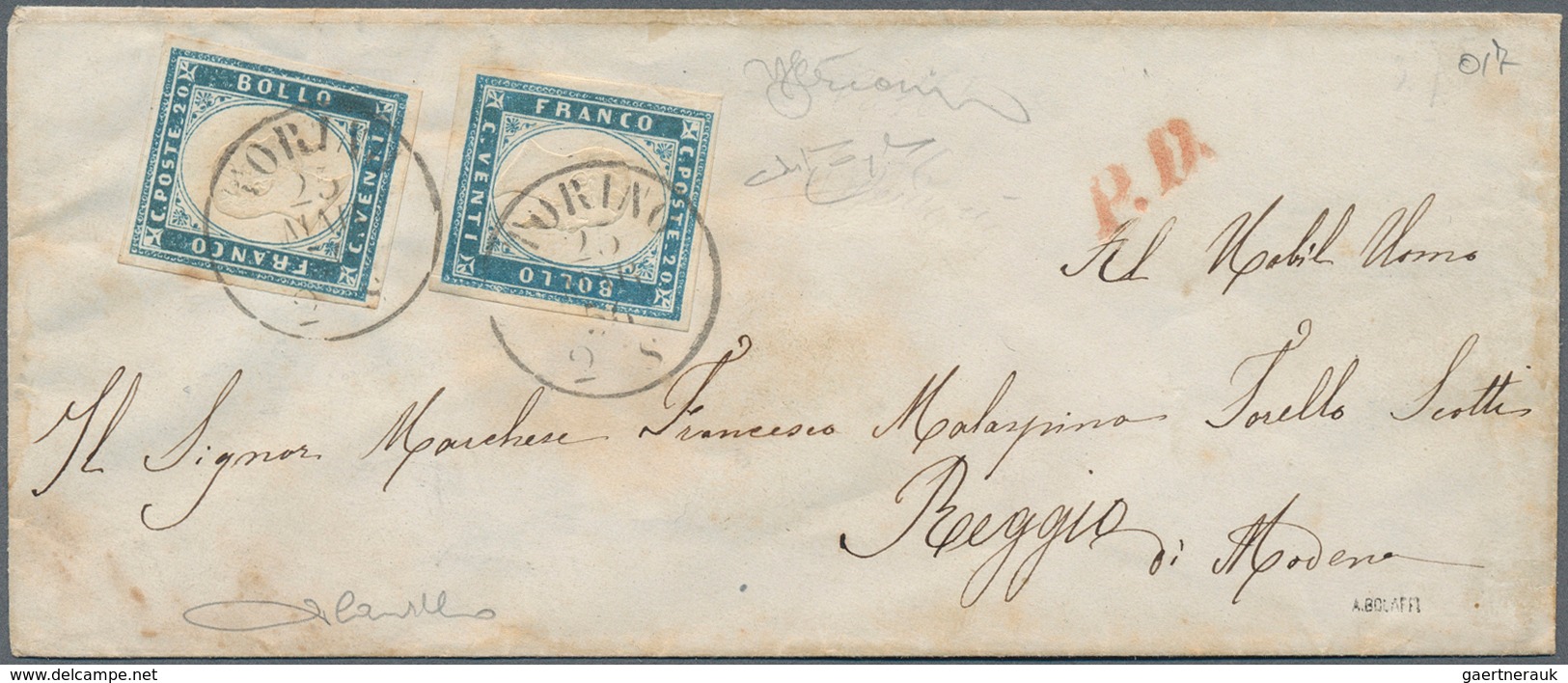 14683 Italien - Altitalienische Staaten: Sardinien: 1856: IV. Emission 20 C Cobalt Blue, Two Examples On P - Sardaigne