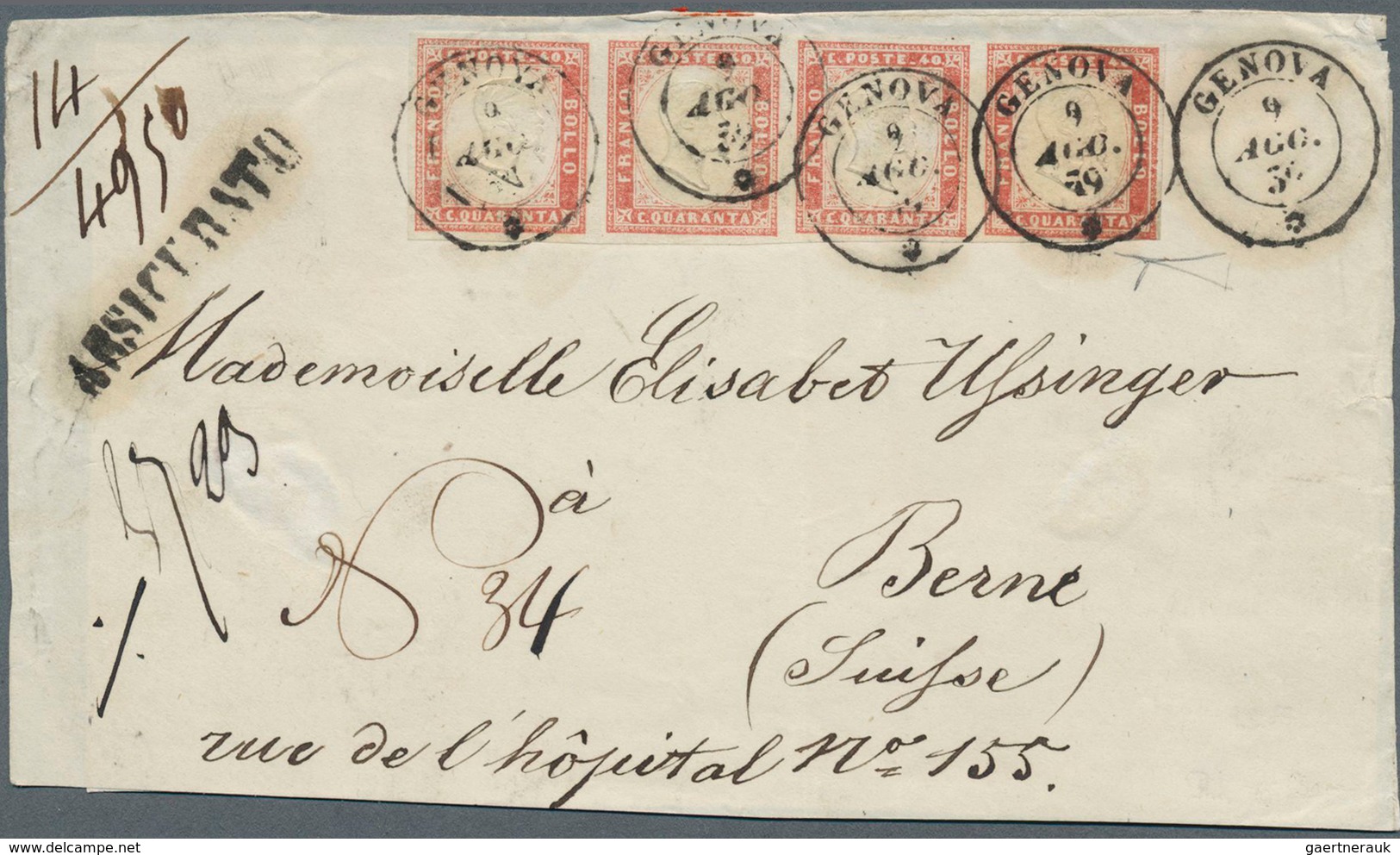 14687 Italien - Altitalienische Staaten: Sardinien: 1855: Fourth Emission, 40 Cent. Carmine Red, 1859 Prin - Sardaigne