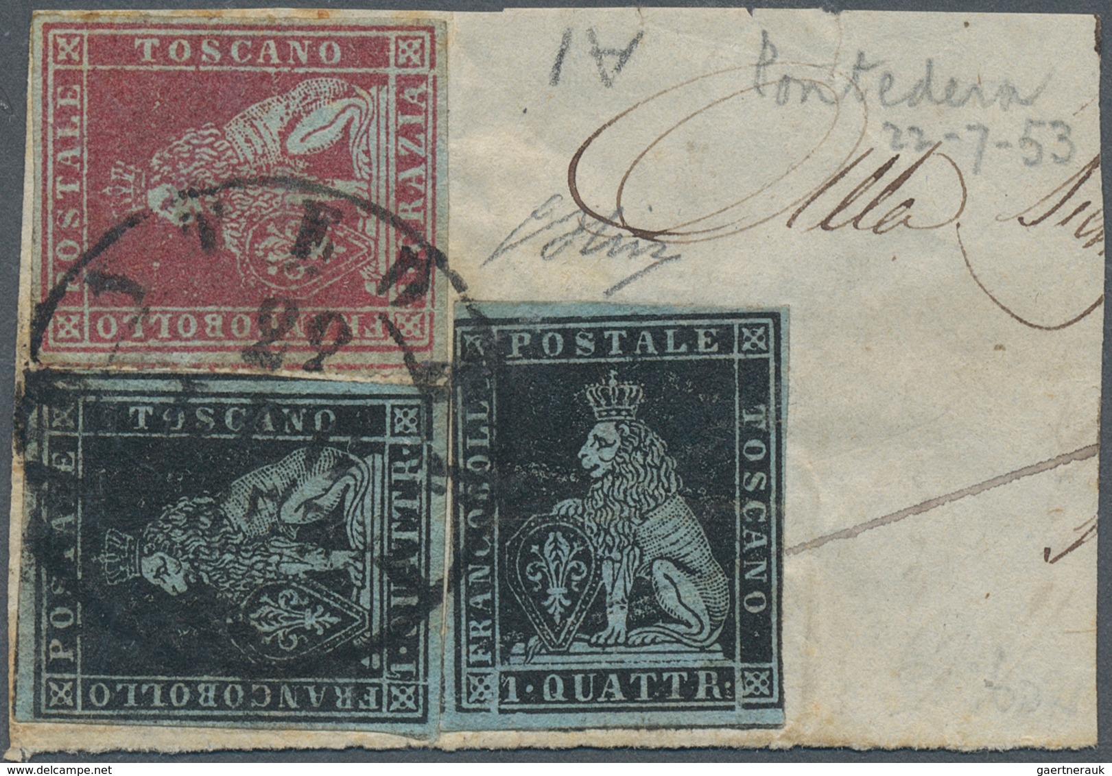 14694 Italien - Altitalienische Staaten: Toscana: 1851; 1 Cr Carmine Red + 2x 1 Qtr.black, All On Bluish P - Toskana