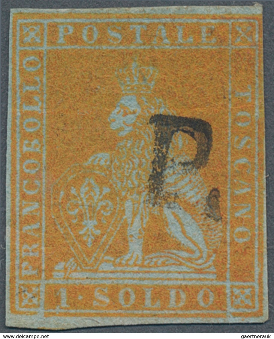 14696 Italien - Altitalienische Staaten: Toscana: 1852, 1 Soldo Yellow Gold On Bluish Paper, Used With Par - Toskana