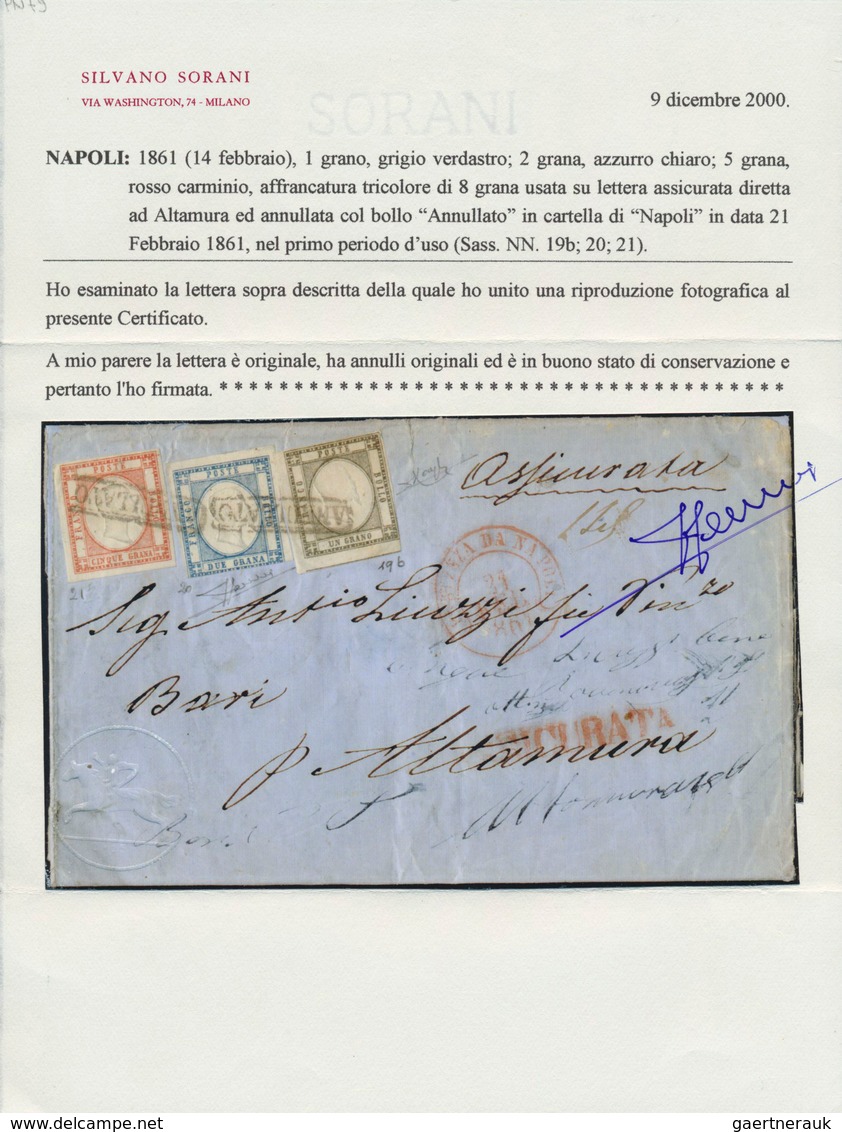 14705 Italien: 1861: Neapolitan Provinces. Three Colour Franking Consisting Of 1 Gr. Dark Grey, 2 Gr Light - Poststempel