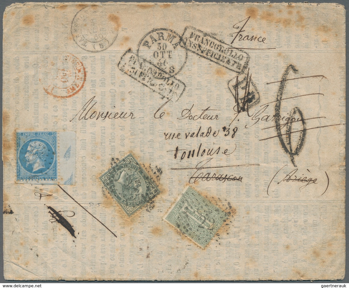 14713 Italien: 1866, Printed Matter (circular) From PARMA To Tarascon/France Franked On Departure With !1 - Poststempel