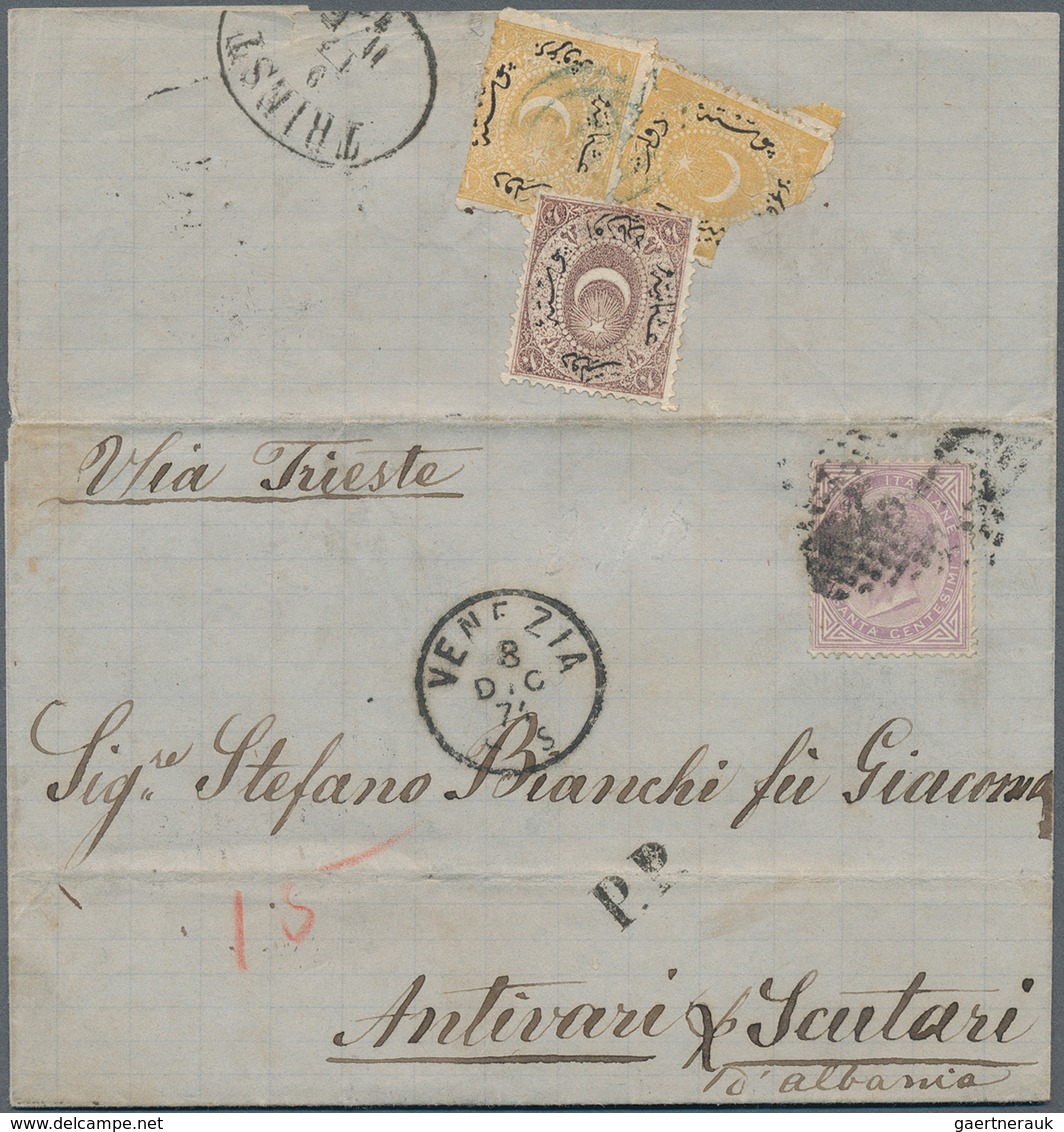 14721 Italien: 1874, Full Entire Letter Bearing 60 Cmi Violet And Backside Türkish 10 Pia Lilac And 2x 1 G - Poststempel