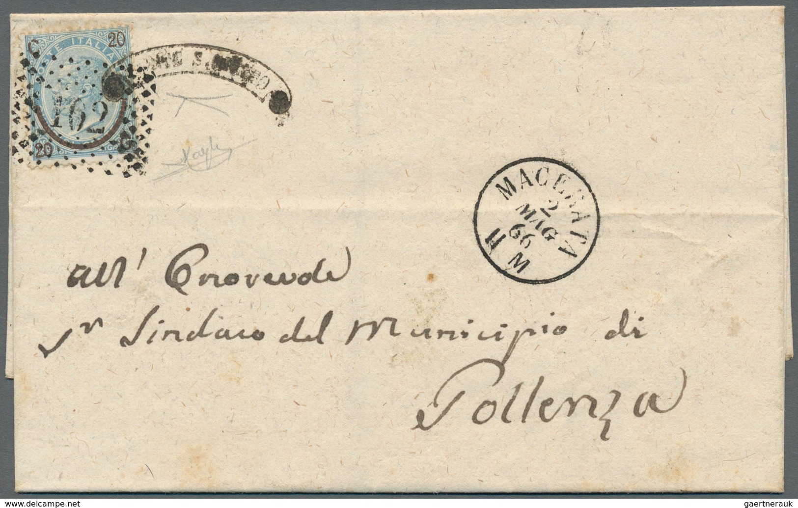 14724 Italien: 1866, Cover Sent From Monte S. Giusto To Pollenza And Franked With "20 On 15 Cmi. Blue In T - Poststempel