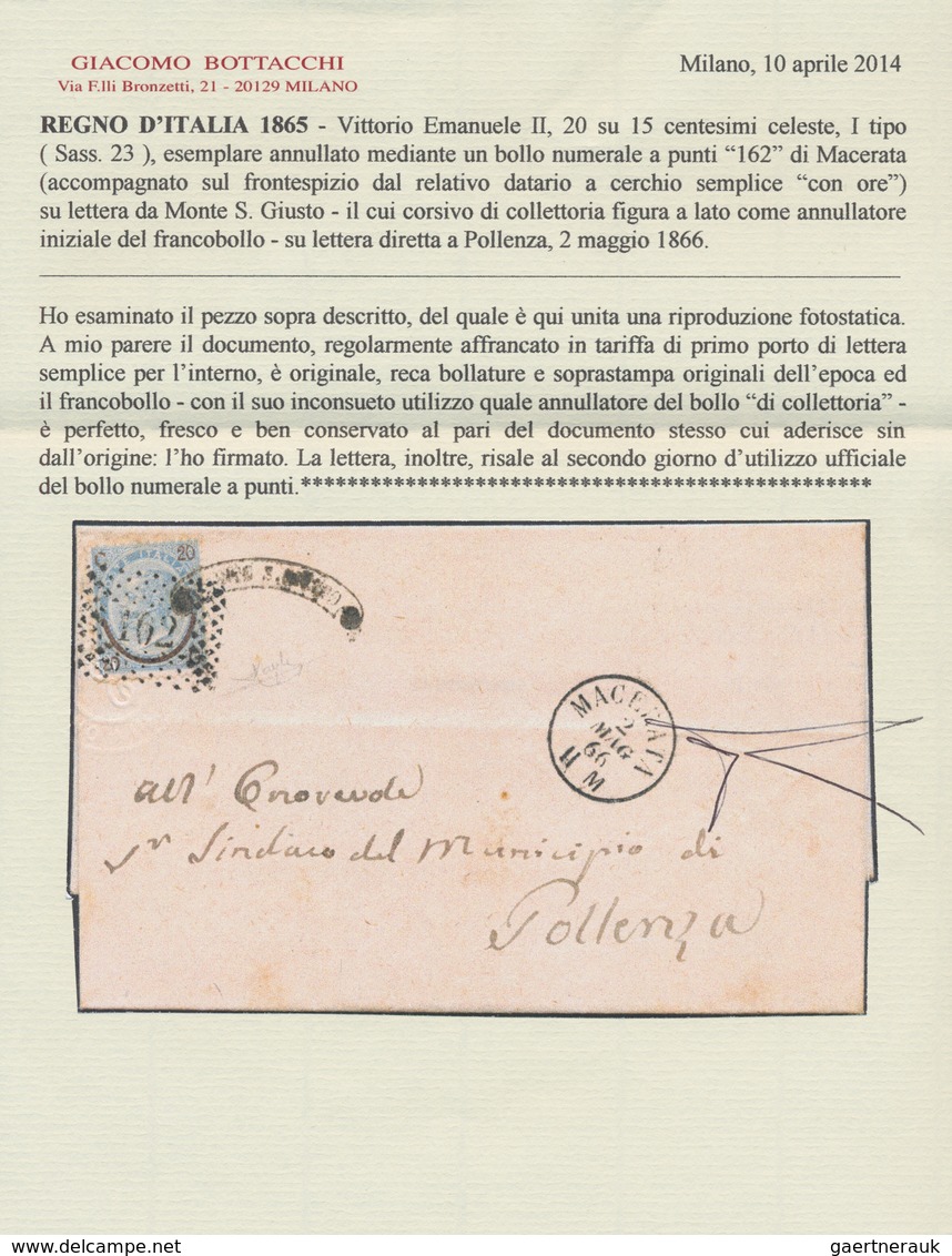 14724 Italien: 1866, Cover Sent From Monte S. Giusto To Pollenza And Franked With "20 On 15 Cmi. Blue In T - Poststempel