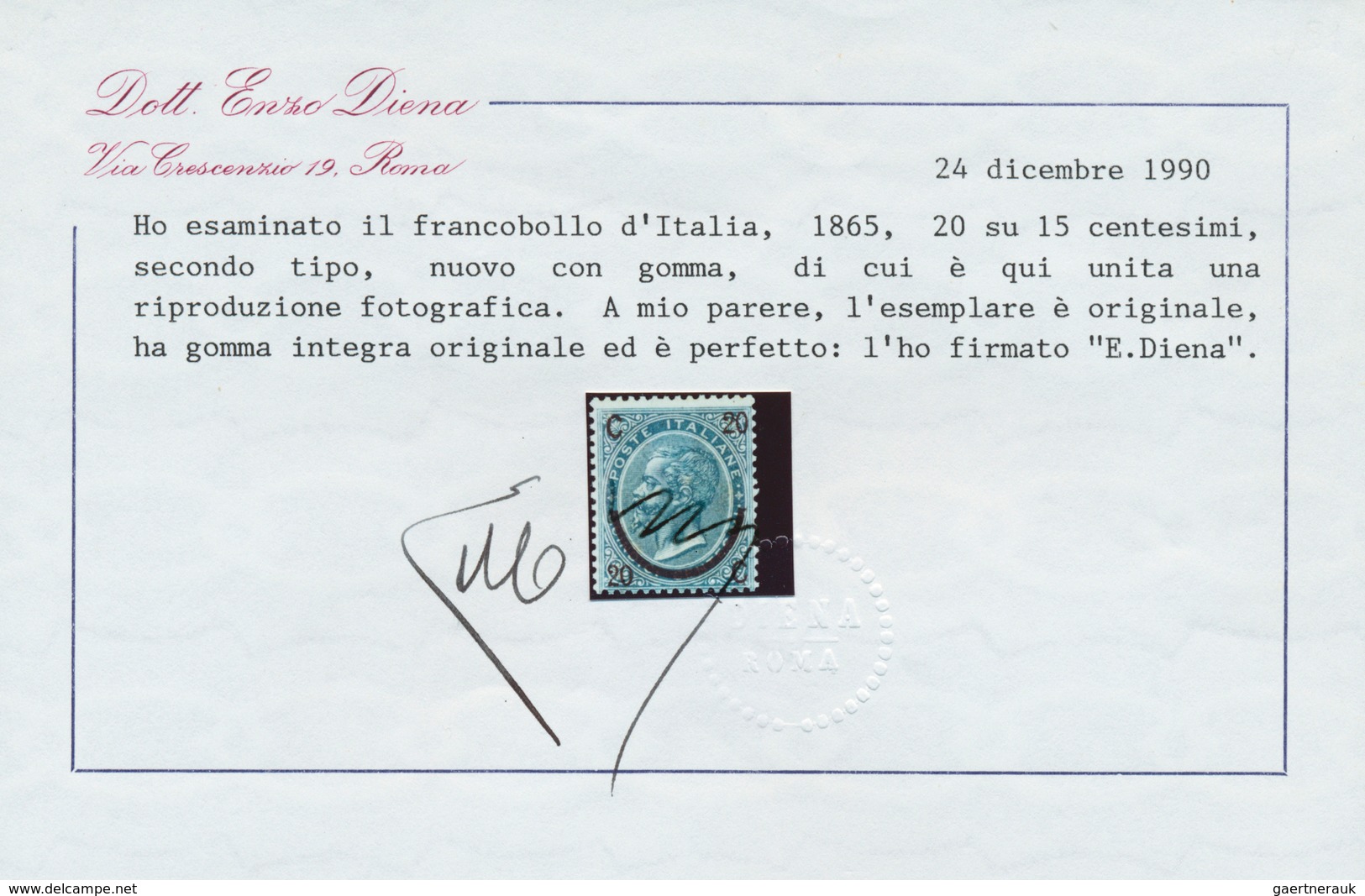 14725 Italien: 1865, 20c. On 15cmi. Blue, Type II, Fresh Colour, Well Perforated, Unmounted Mint, Toning S - Poststempel