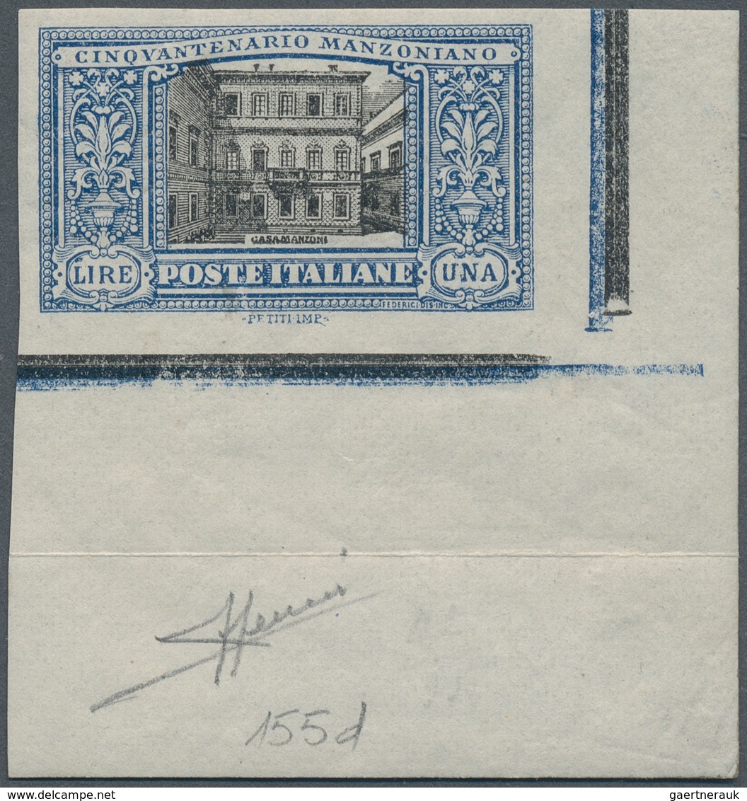 14743 Italien: 1923: 1 Lire Manzoni, Lower Right Corner Of The Sheet, Imperforated, Signed Sorani. Sassone - Poststempel