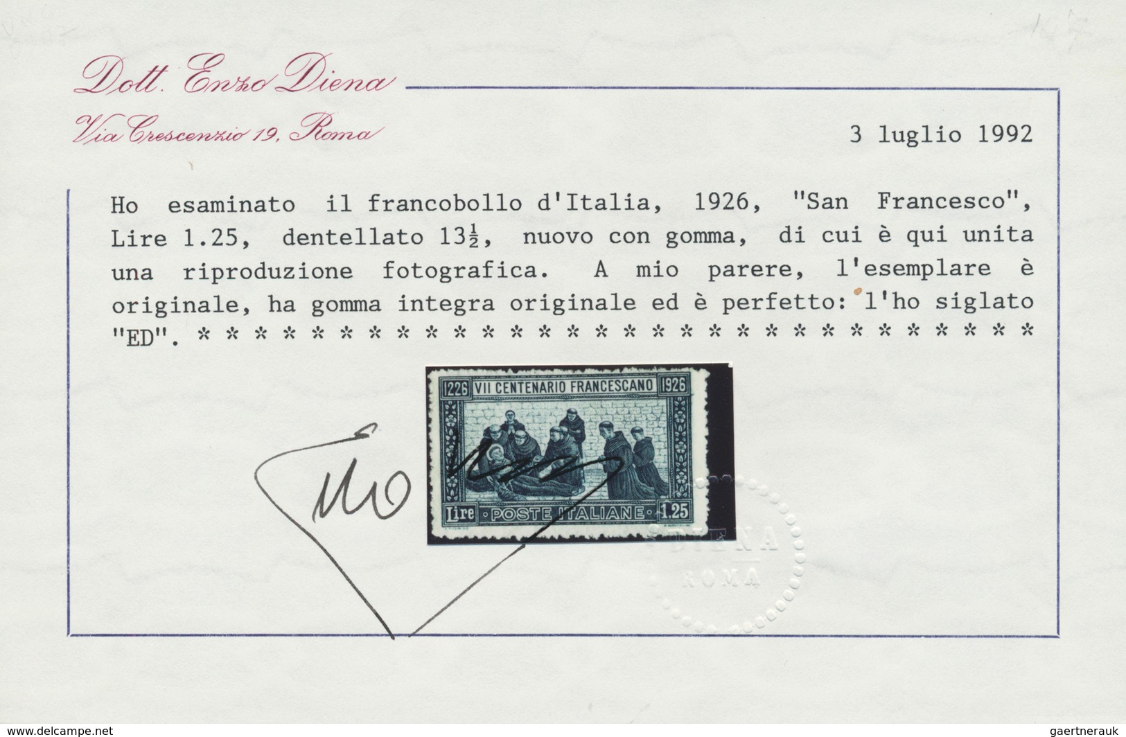 14745 Italien: 1926, San Francesco, 1.25l. Blue In Rare Perf. 13½, Unmounted Mint, Signed And Certificate - Poststempel