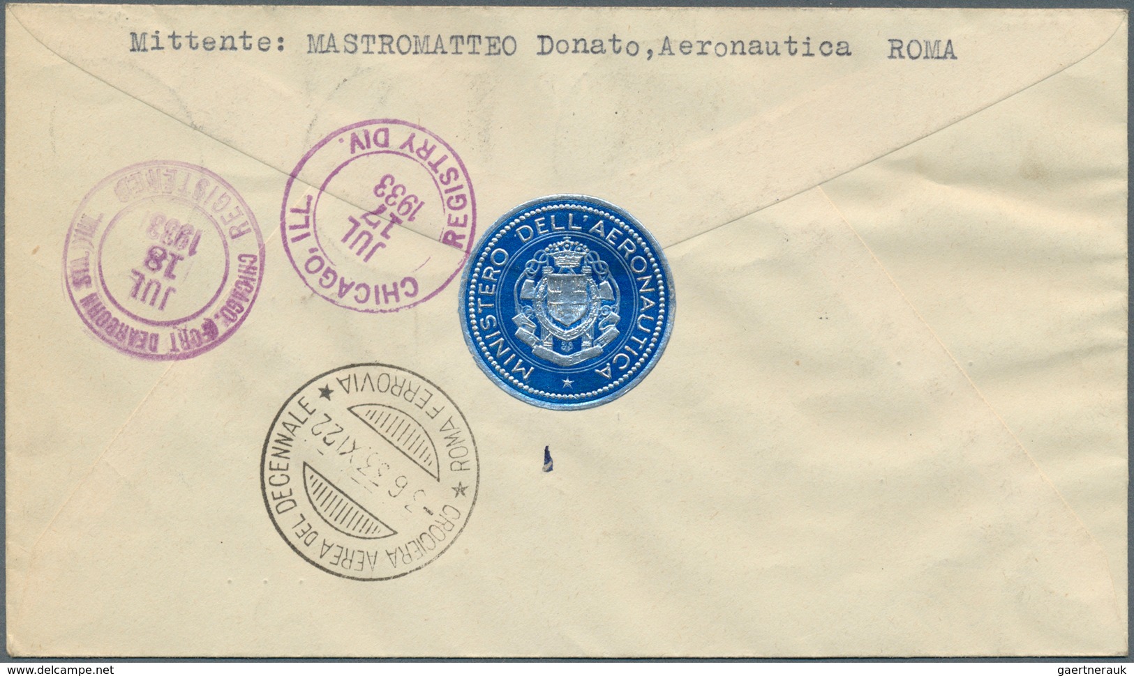 14754 Italien: 1933, Mass Flight Triptych 5.25 + 44.75 L. "I-VERC" On Well Preserved Registered Letter ROM - Marcophilie