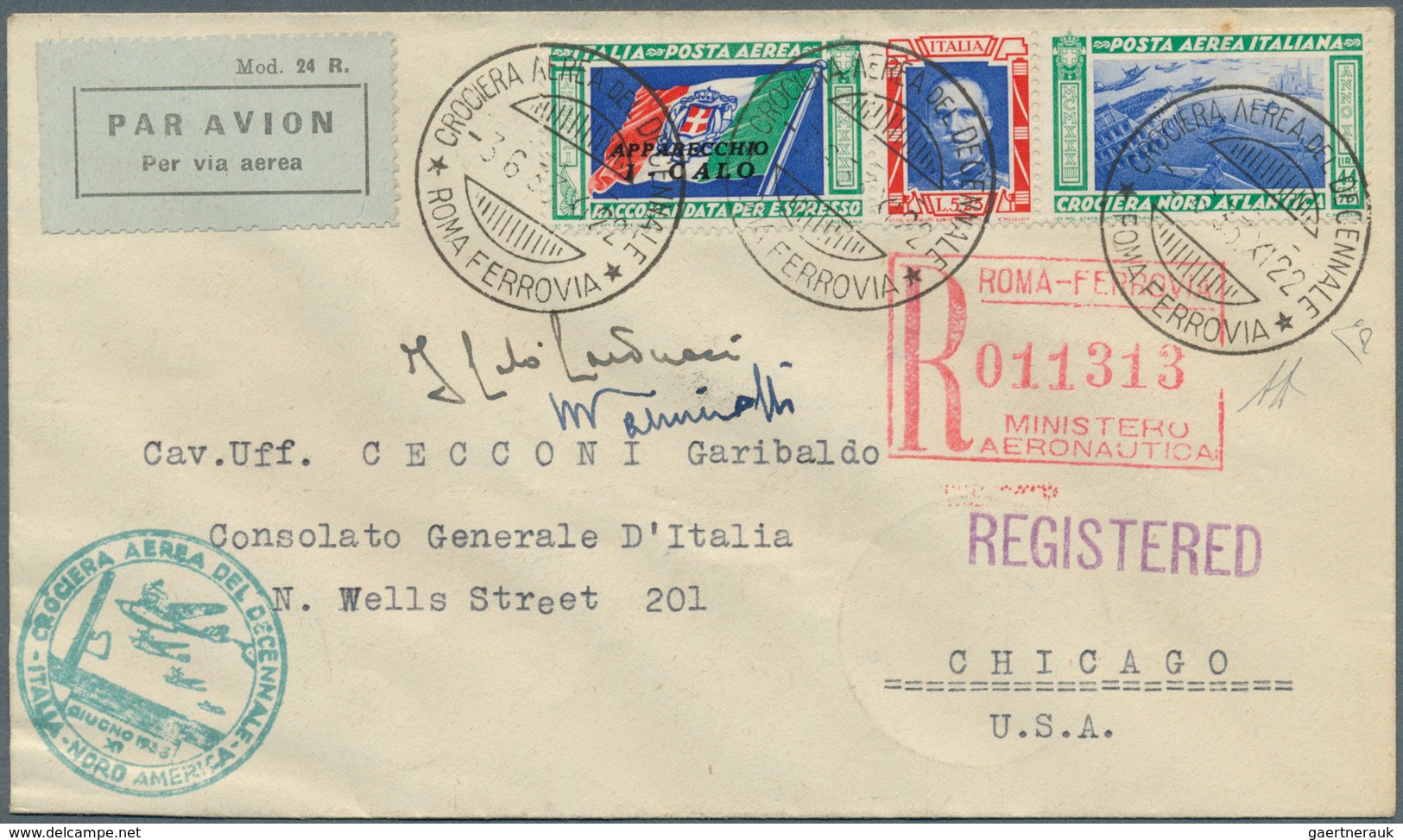 14755 Italien: 1933, Mass Flight Triptych 5.25 + 44.75 L. "I-CALO" On Well Preserved Registered Letter ROM - Poststempel