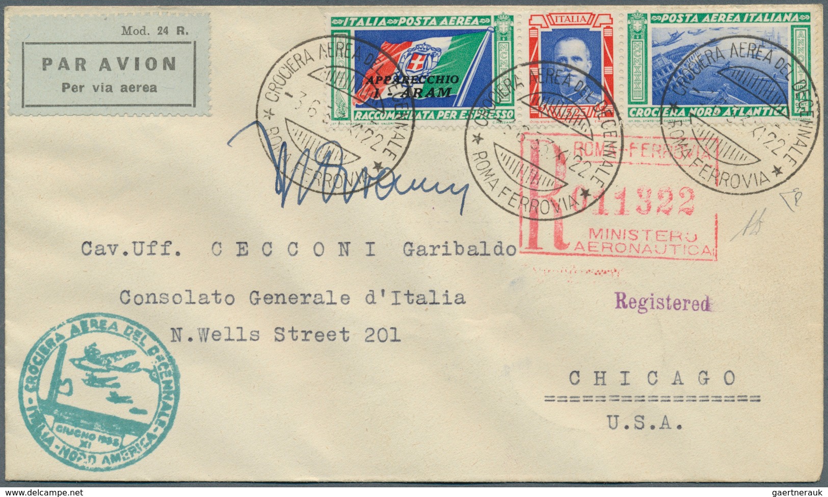 14756 Italien: 1933, Mass Flight Triptych 5.25 + 44.75 L. "I-ARAM" On Well Preserved Registered Letter ROM - Poststempel