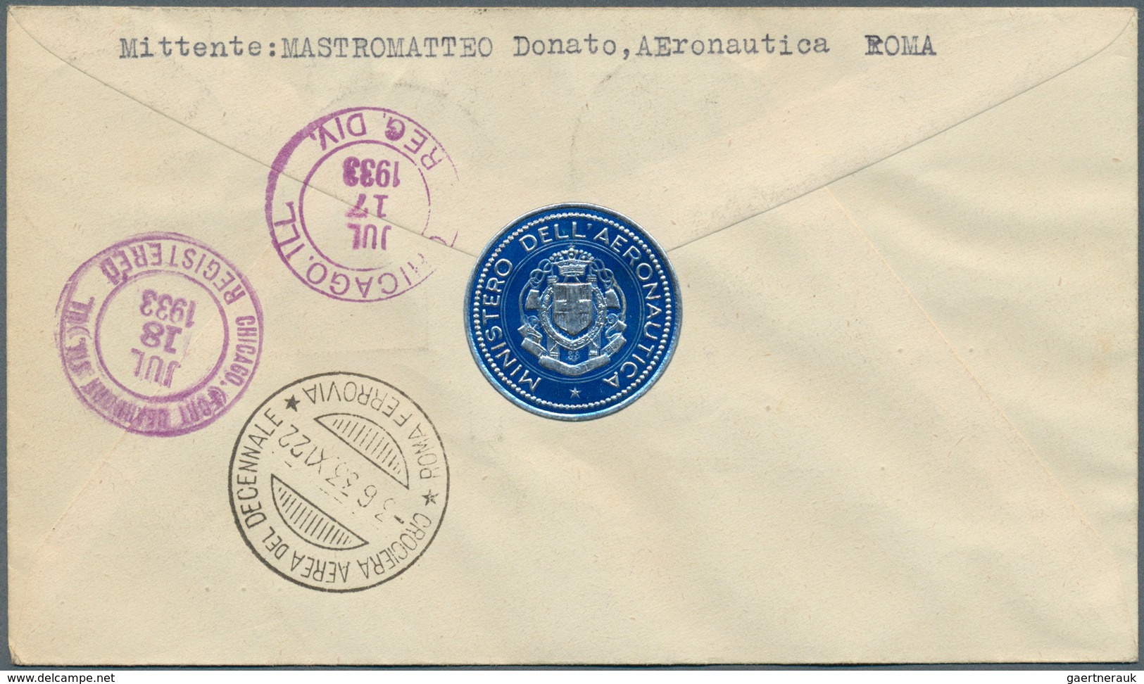 14756 Italien: 1933, Mass Flight Triptych 5.25 + 44.75 L. "I-ARAM" On Well Preserved Registered Letter ROM - Poststempel