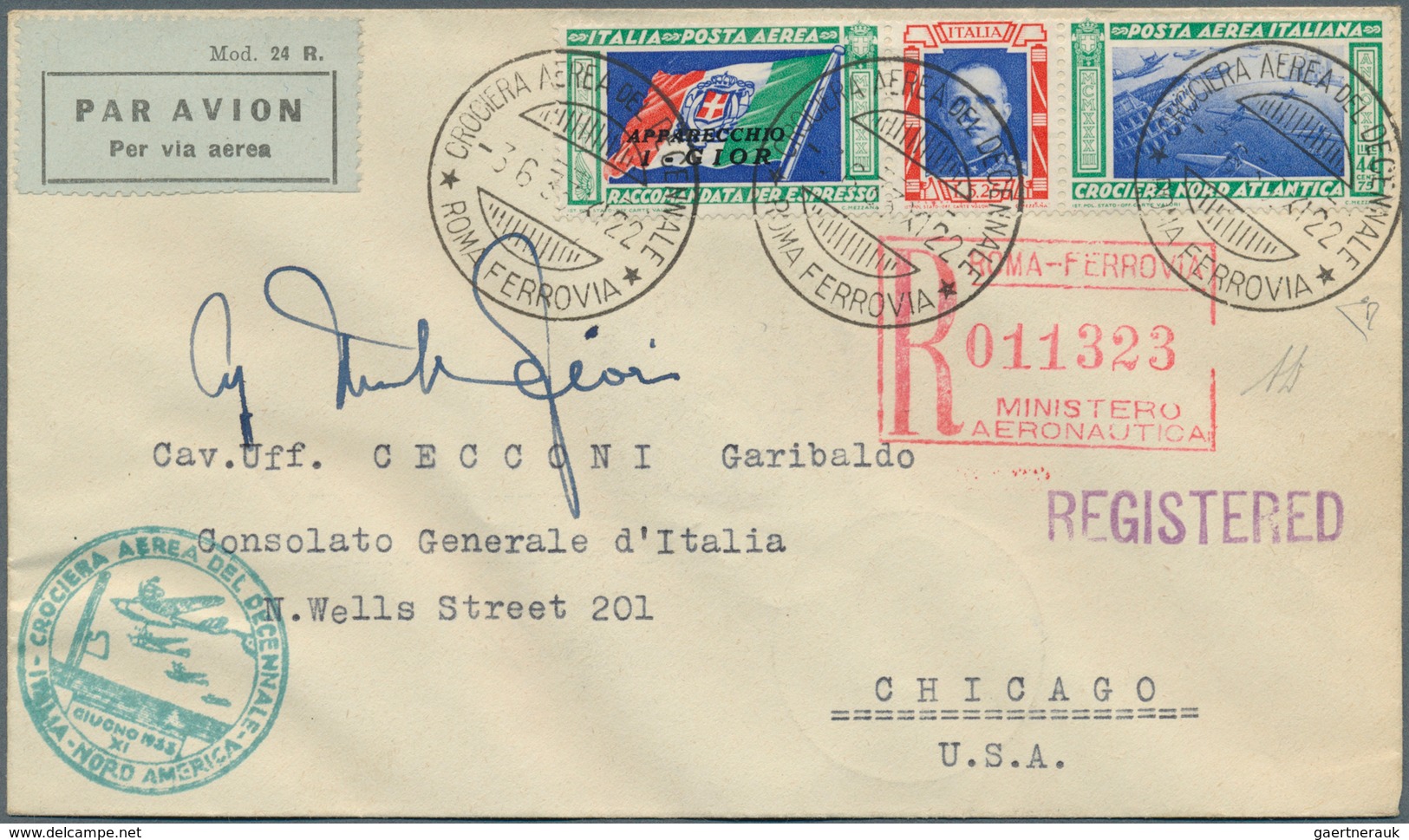 14757 Italien: 1933, Mass Flight Triptych 5.25 + 44.75 L. "I-GIOR" On Well Preserved Registered Letter ROM - Poststempel