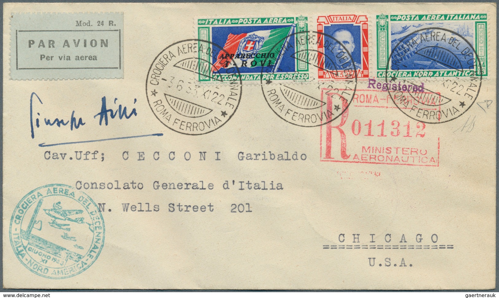 14758 Italien: 1933, Mass Flight Triptych 5.25 + 44.75 L. "I-ROVI" On Well Preserved Registered Letter ROM - Poststempel