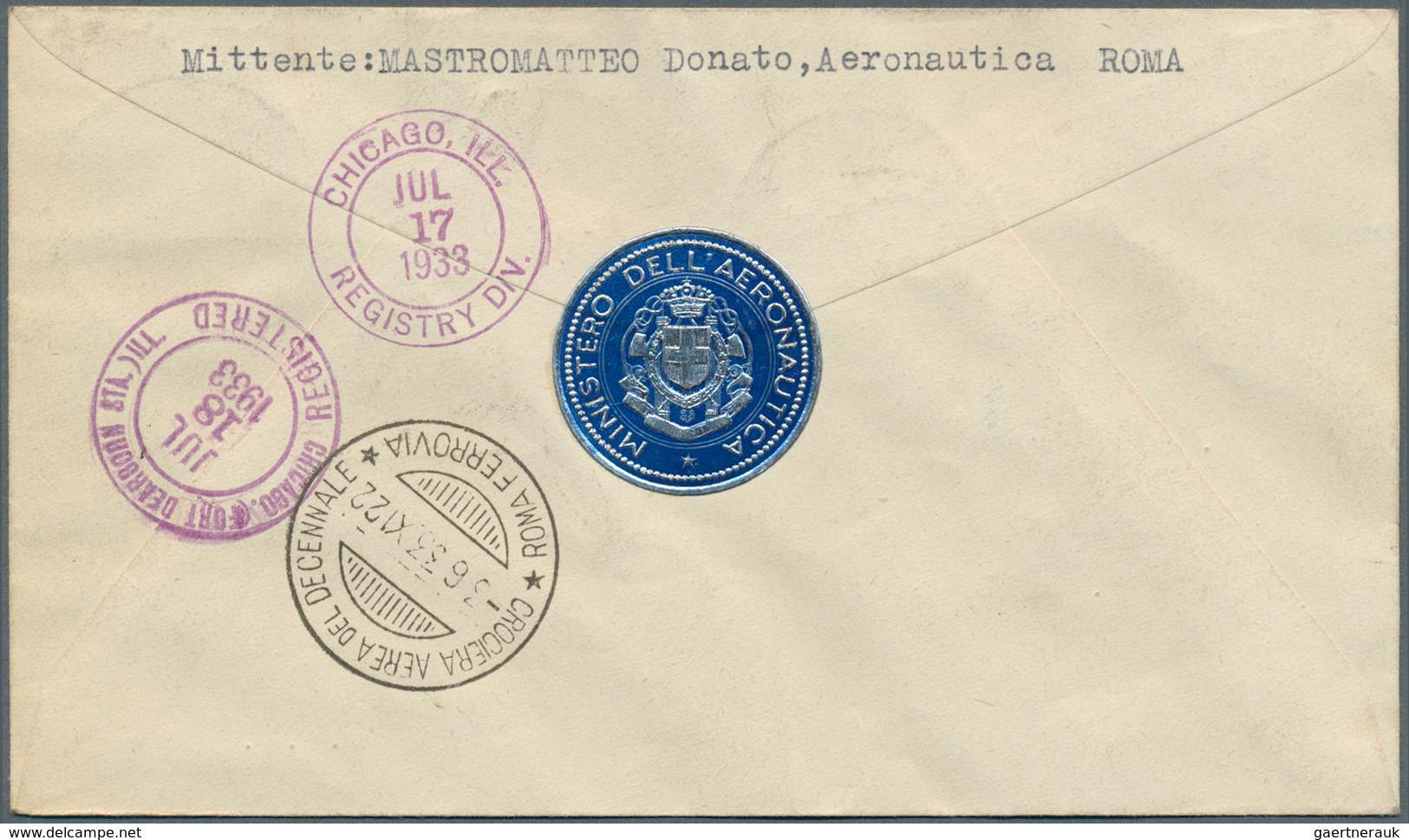 14758 Italien: 1933, Mass Flight Triptych 5.25 + 44.75 L. "I-ROVI" On Well Preserved Registered Letter ROM - Poststempel