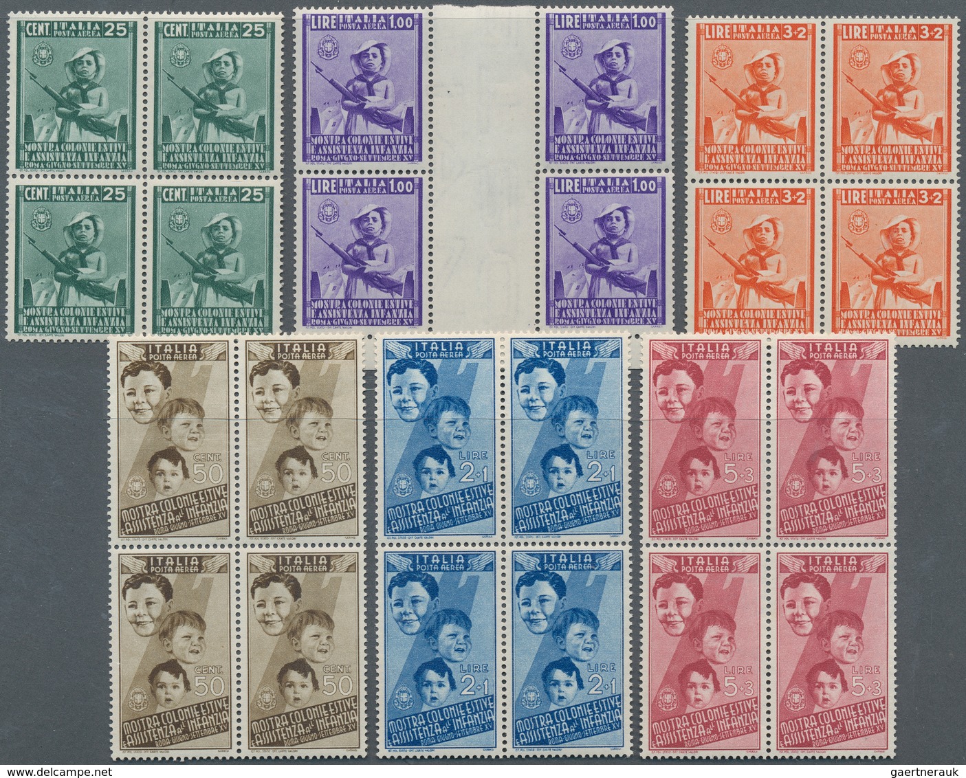 14763 Italien: 1937: Summer Camps For Children, Complete Air Mail Set In Blocks Of Four (1 L Value As Two - Marcophilie