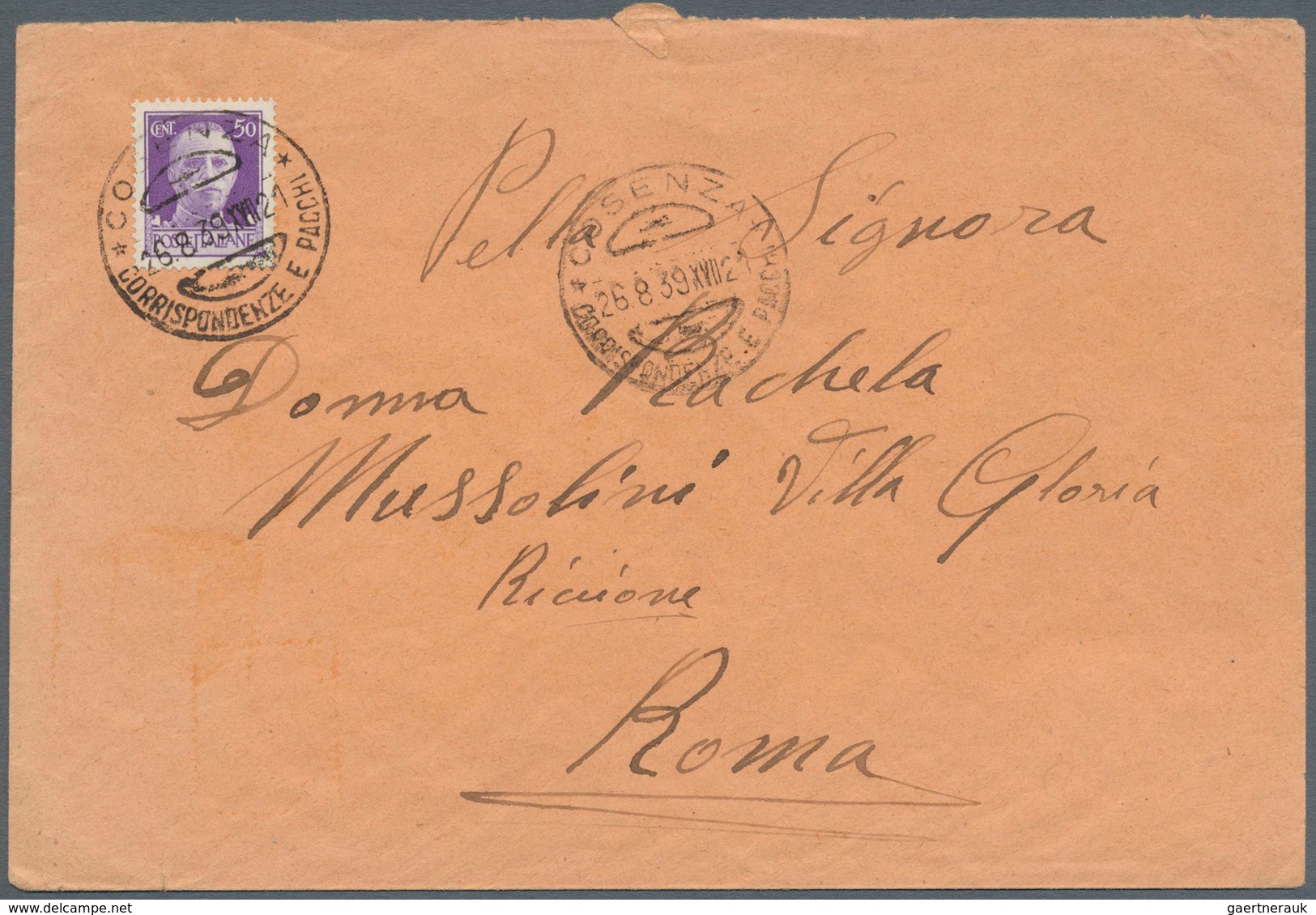 14765 Italien: 1939/1940. Lot With 2 Covers: 1 Cover From "Cosenza 26.8.39" To RACHELE MUSSOLINI, Roma And - Poststempel