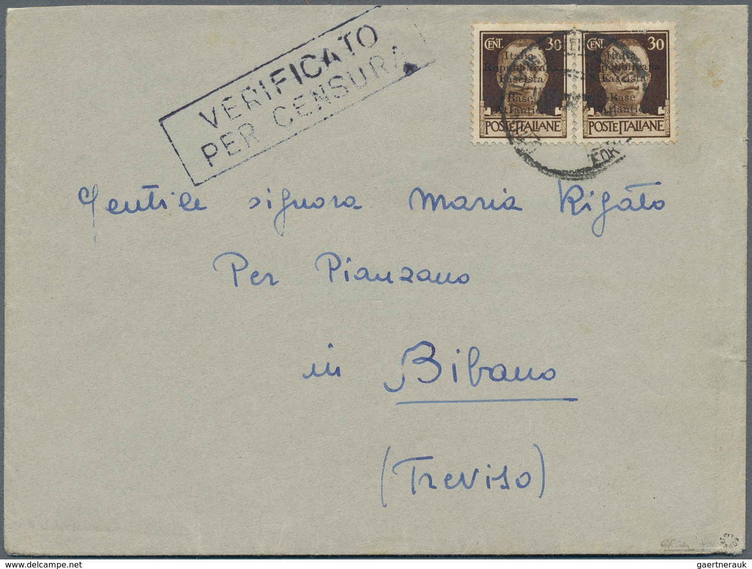 14794 Italien - Militärpostmarken: Atlantikküste: 1943, Overprint Issue 30 C., Two Single Stamps Tied By C - Autres & Non Classés