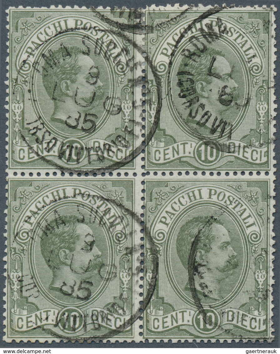 14795 Italien - Paketmarken: 1884, König Umberto I. 10 C. Dunkeloliv Im Viererblock Mit Stempeln 'ROMA SUC - Colis-postaux