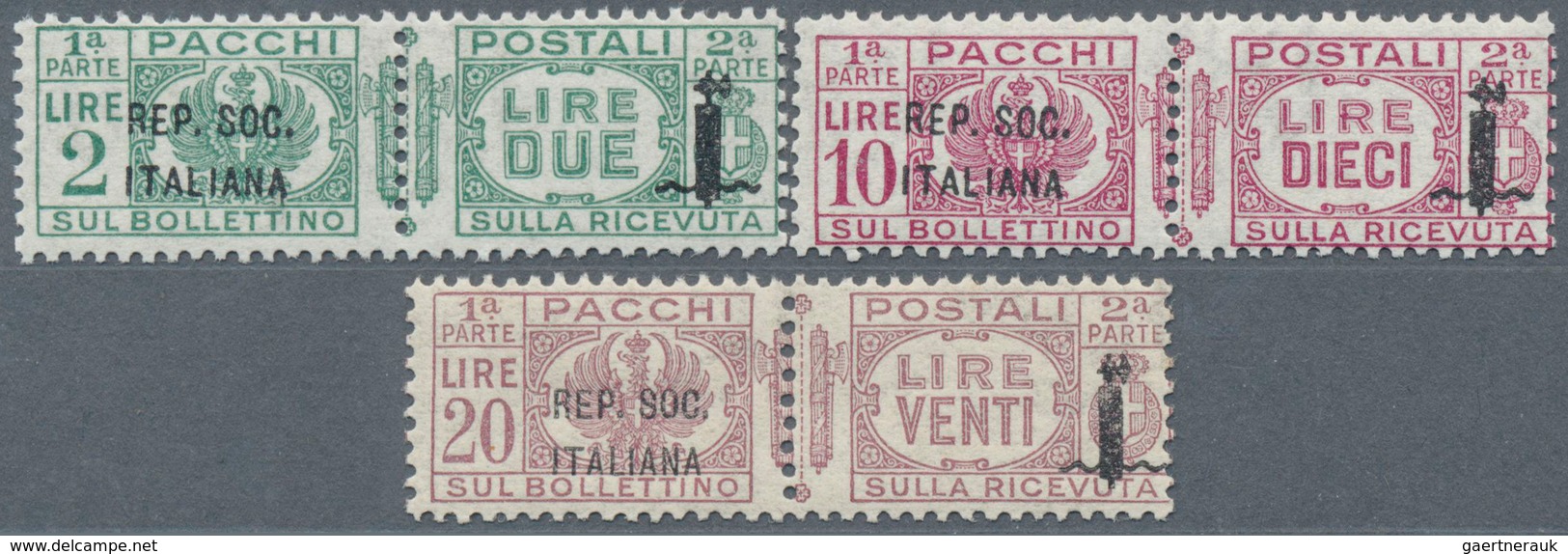 14796 Italien - Paketmarken: 1944, "REPUBBLICA SOCIALE" Overprints, 2l. Green, 10l. Lilac And 20l. Lilac, - Pacchi Postali