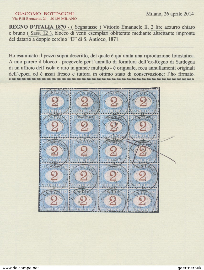 14809 Italien - Portomarken: 1870, "2 L. Blue And Brown" (Sassone No. 12) In A Block Of 20 Used With Multi - Portomarken