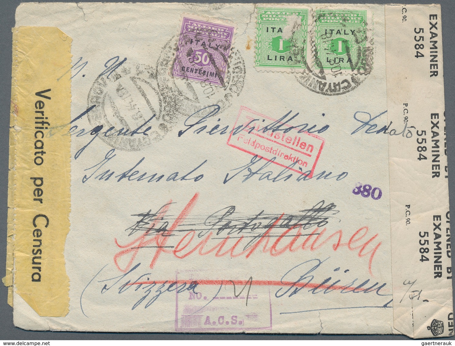 14830 Italien - Alliierte Militärregierung - Sizilien: 1944, 50 C Lilac/black And 2 X 1 L Bright Green/bla - Occ. Anglo-américaine: Sicile