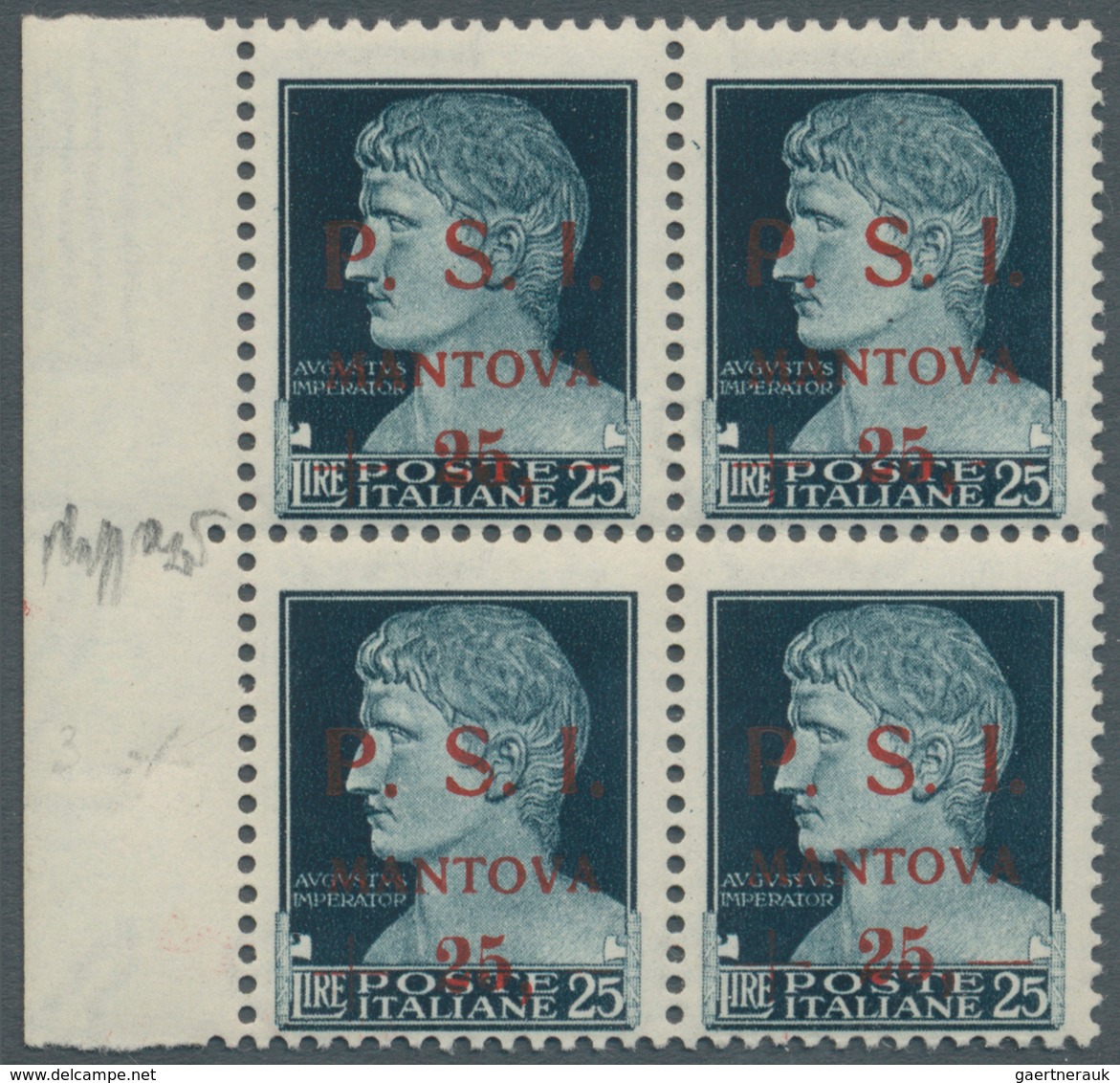 14837 Italien - Lokalausgaben 1944/45 - Mantova: 1944, 25 On 25l. Slate, Marginal Block Of Four, Unmounted - Sonstige & Ohne Zuordnung