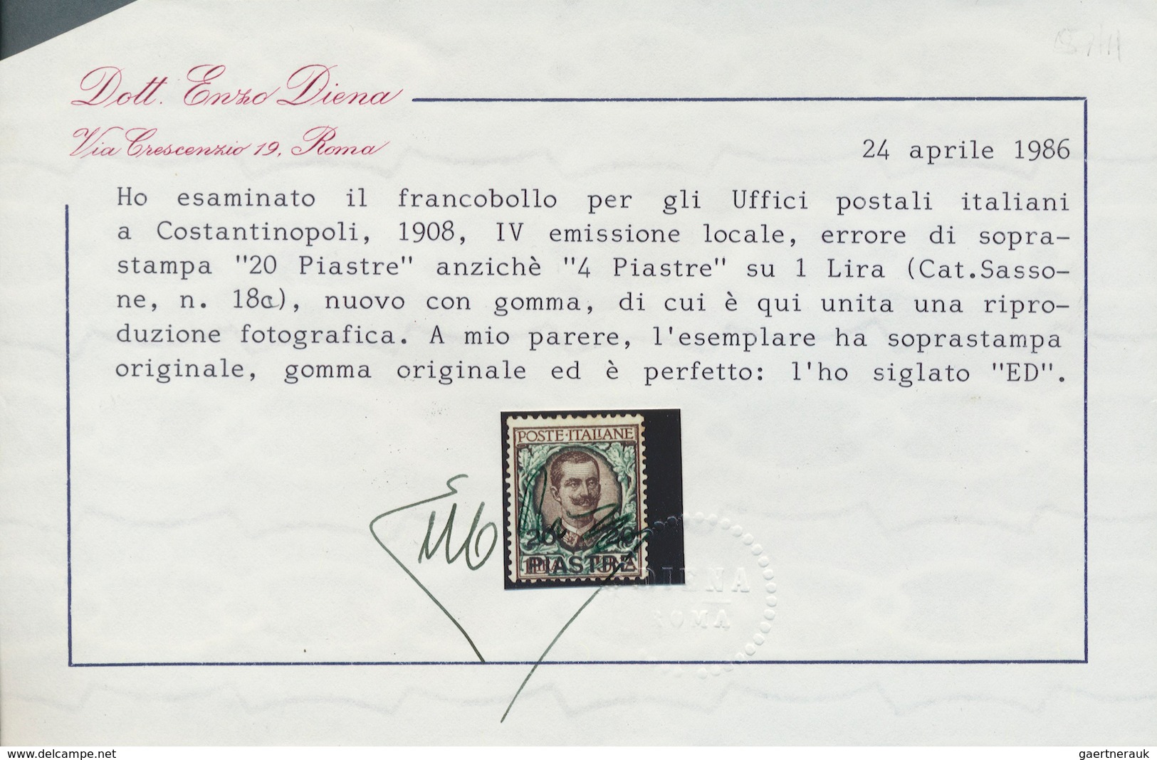 14848 Italienische Post In Der Levante: 1908, König Viktor Emanuel III. 1 Lire Braun/grün Mit Aufdruck Des - Emissions Générales