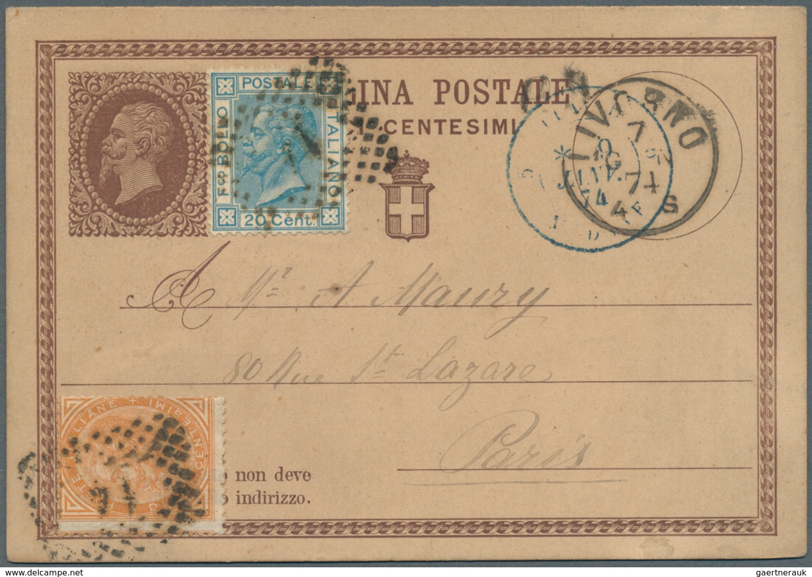 14857 Italien - Ganzsachen: 1874, 7. January: 10 C Postal Stationery Card With 10 C Orange DLR And 20 C Bl - Entiers Postaux