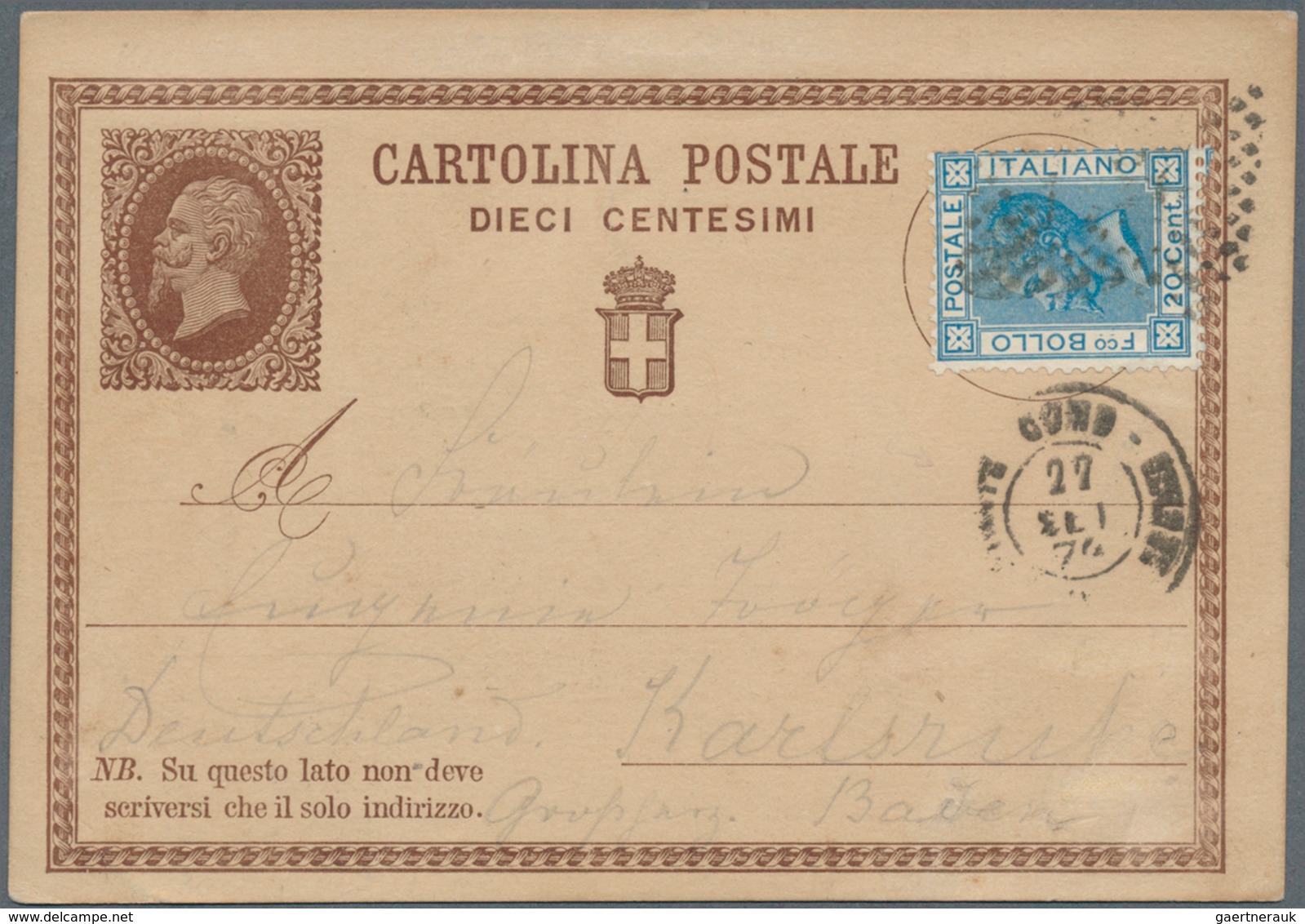 14857A Italien - Ganzsachen: 1874, 10 C Brown Postal Stationery Card, Uprated With 20 C Blue Emanuel II., S - Entiers Postaux