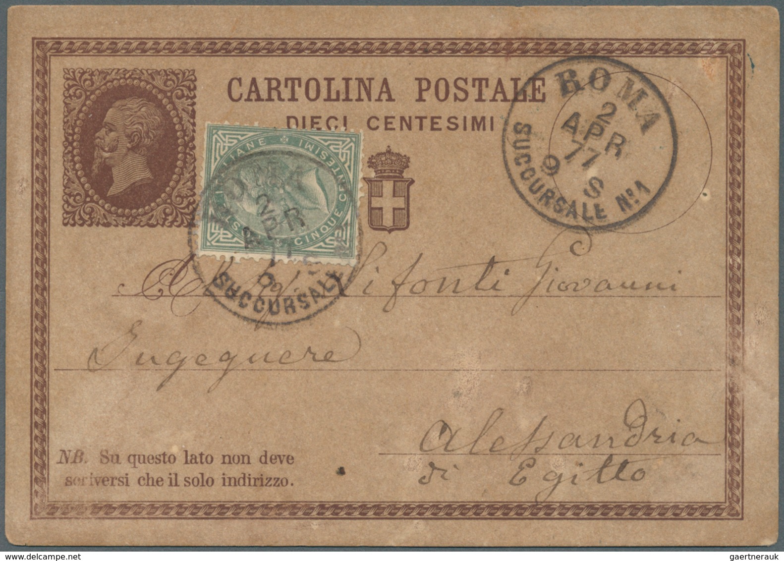 14858 Italien - Ganzsachen: 1877: 10 C Postal Stationery Card With 5 C DLR Additional Franking Posted In R - Ganzsachen