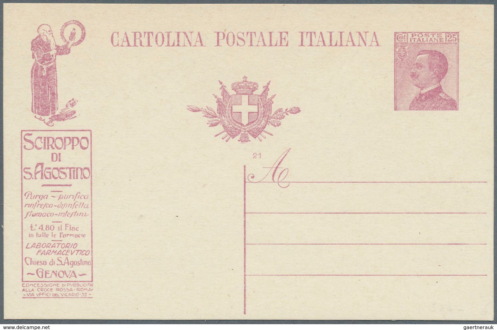 14860 Italien - Ganzsachen: 1921, 15 C Lilac Victor Emanuel Psc With Advertising (pubblicitario) "Sciroppo - Entiers Postaux