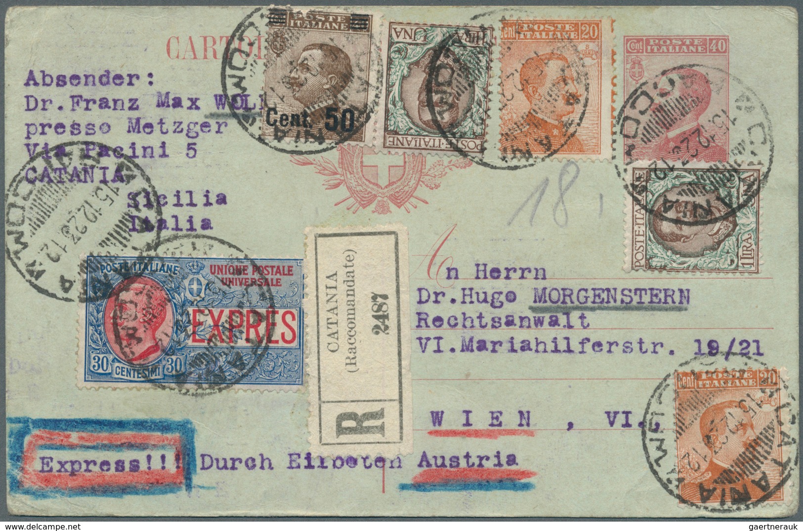 14861 Italien - Ganzsachen: 1923: 40 C Michetti, Red On Light Green UPU Postal Stationery Card, With Addit - Ganzsachen