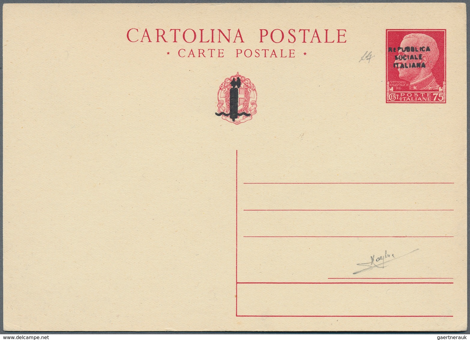 14865 Italien - Ganzsachen: 1944, Overprint Issue 75 C. Postal Stationery Card, Unused, Fine, Signed Rayba - Entiers Postaux