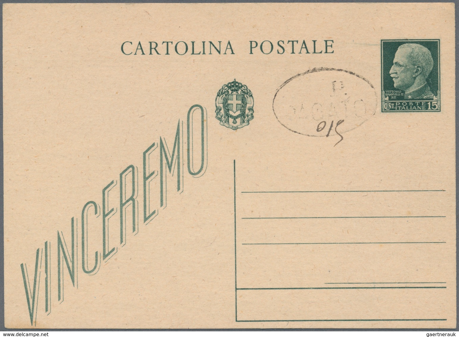 14866 Italien - Ganzsachen: 1944 (ca.) Unused Postal Stationery Card 15 C. Green "Vinceremo" With Addition - Entiers Postaux