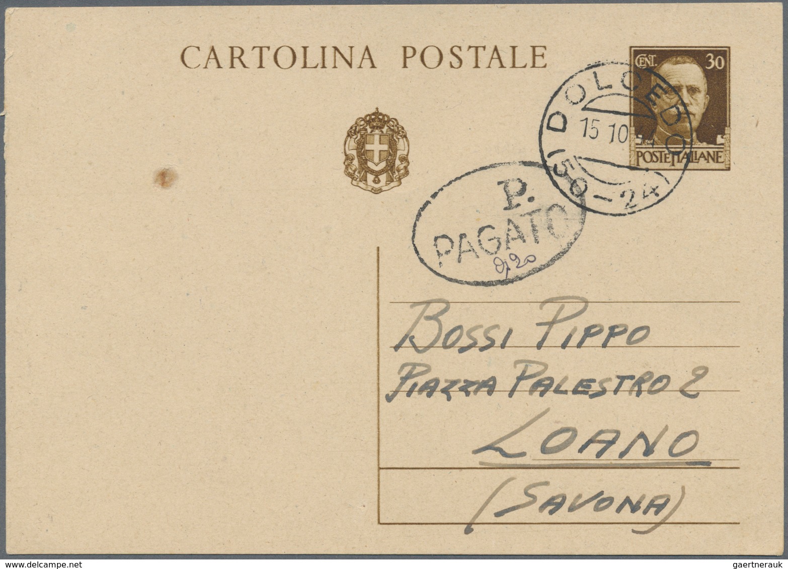 14867 Italien - Ganzsachen: 1944/1945: Postal Stationery Card 30 C Brown, Posted "DOLEDO 15 10 44" With Ov - Entiers Postaux