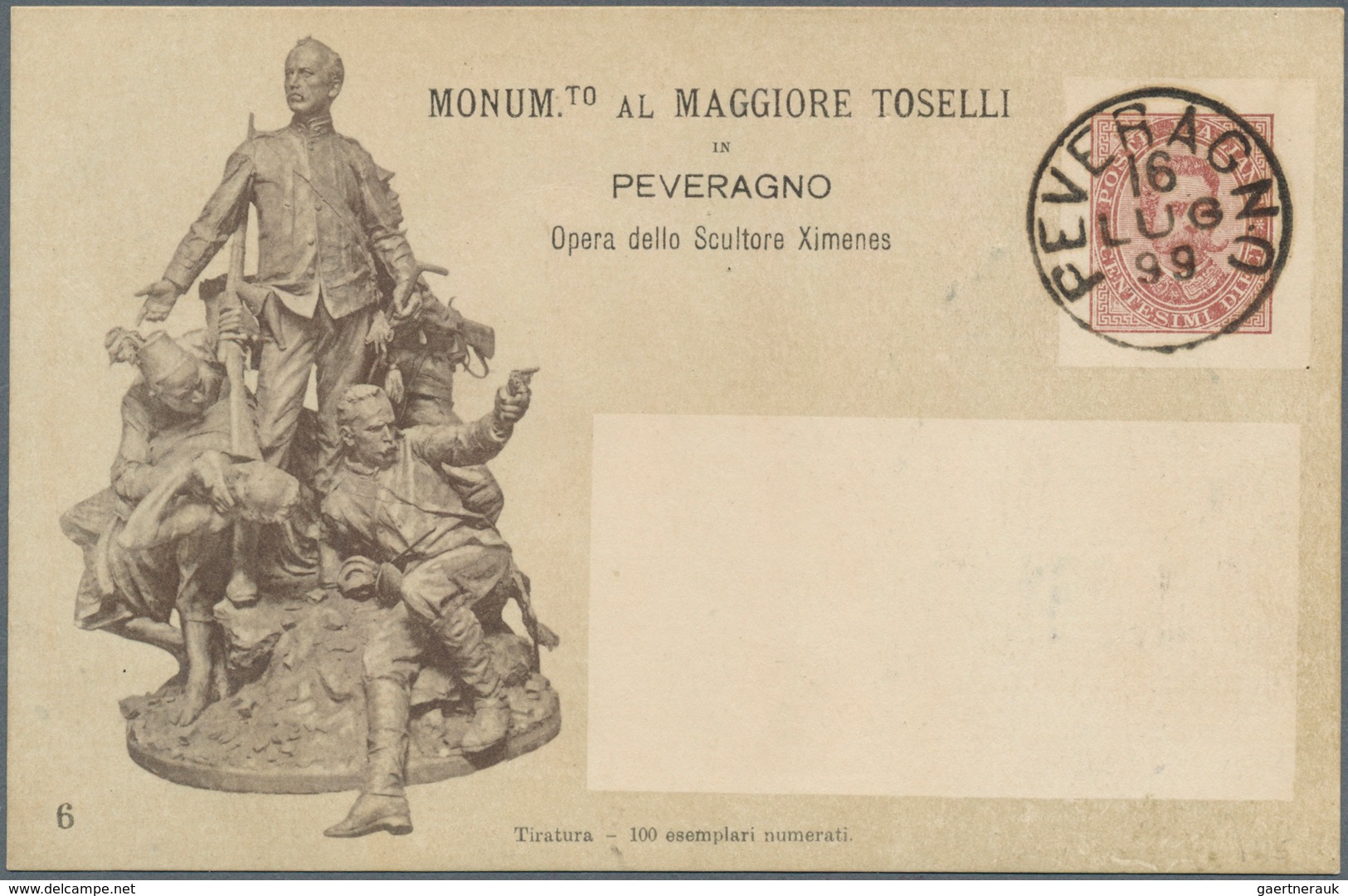 14872 Italien - Ganzsachen: 1898: "Magiore Toselli" , Rare Postal Stationery Card (100 Copies Printed On P - Ganzsachen