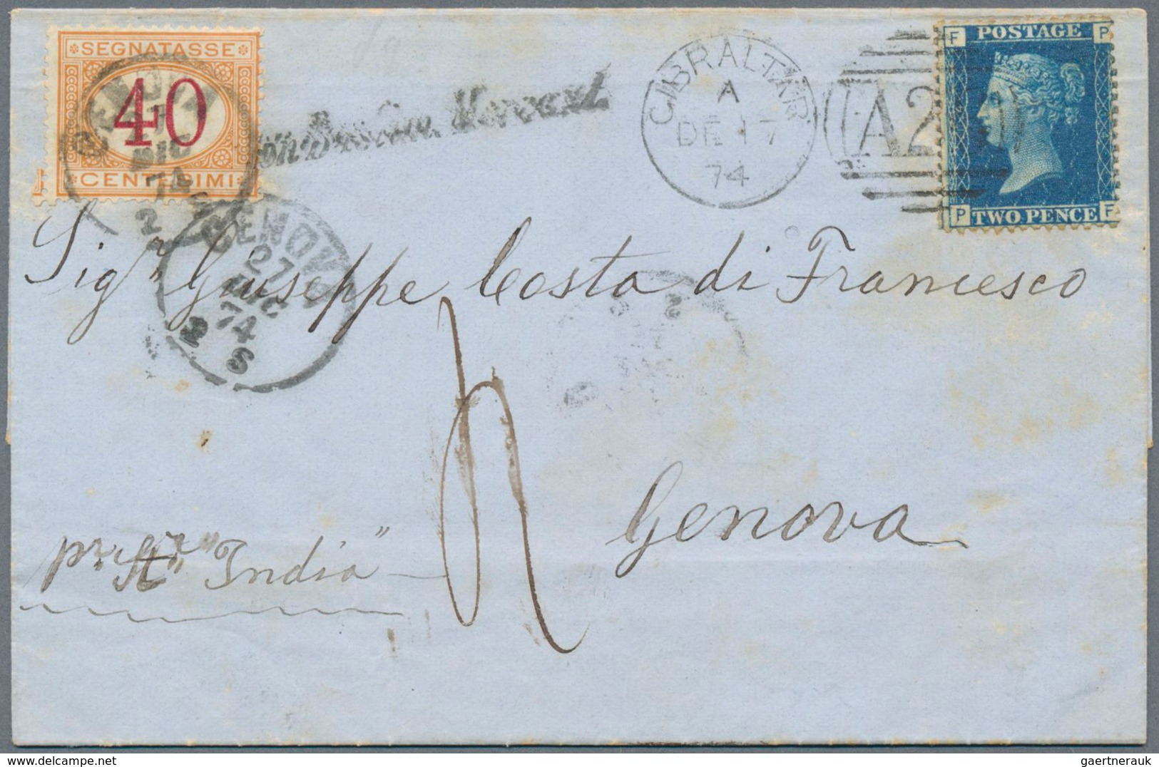 14873 Italien - Stempel: 1874, Letter To Genova Franked With 2 D Blue, Plate 14 Cancelled With Duplex "GIB - Storia Postale