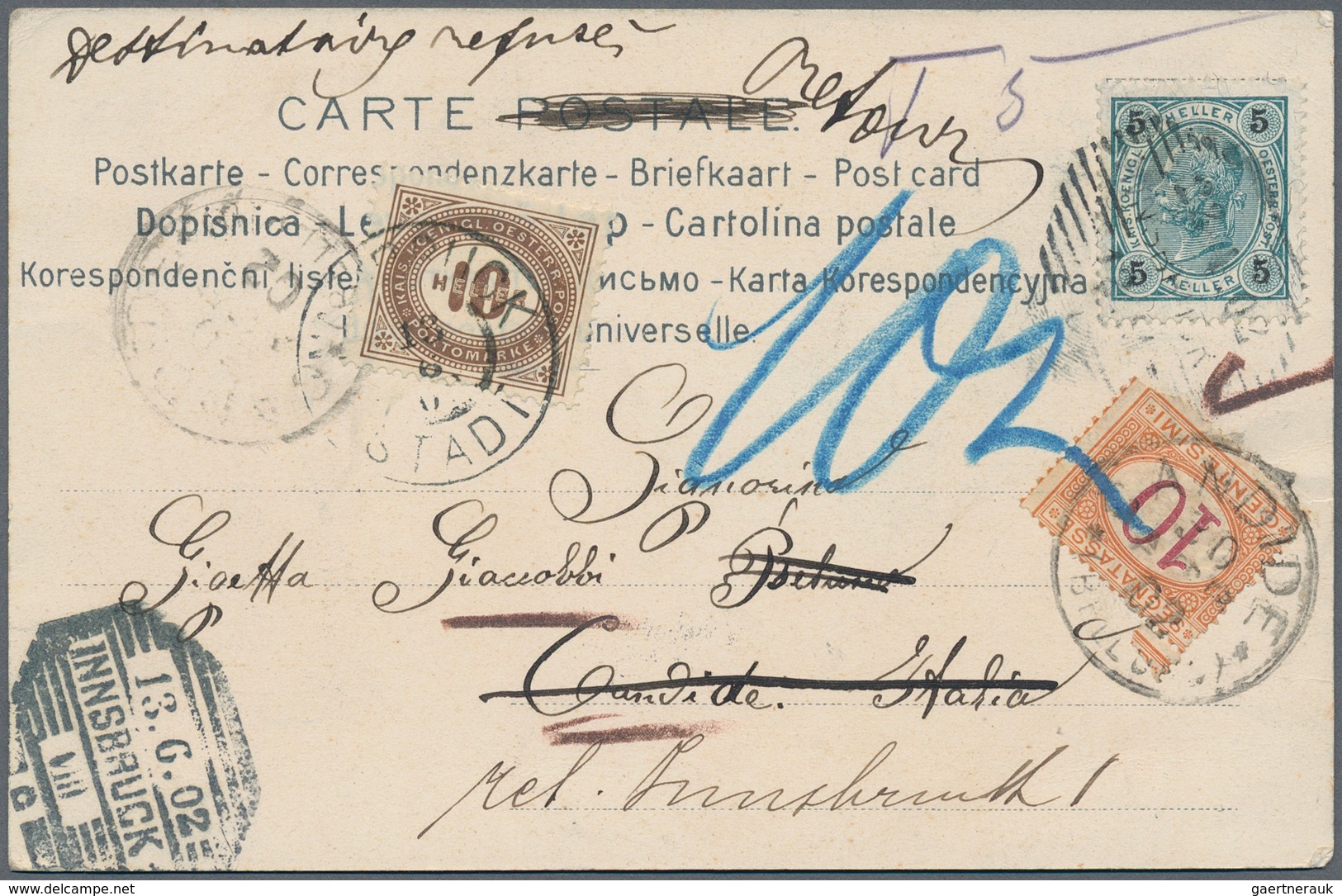 14877 Italien - Besonderheiten: 1902/1903, Insufficient Souvenir Postcard From Innsbruck To Italy, Postage - Non Classés