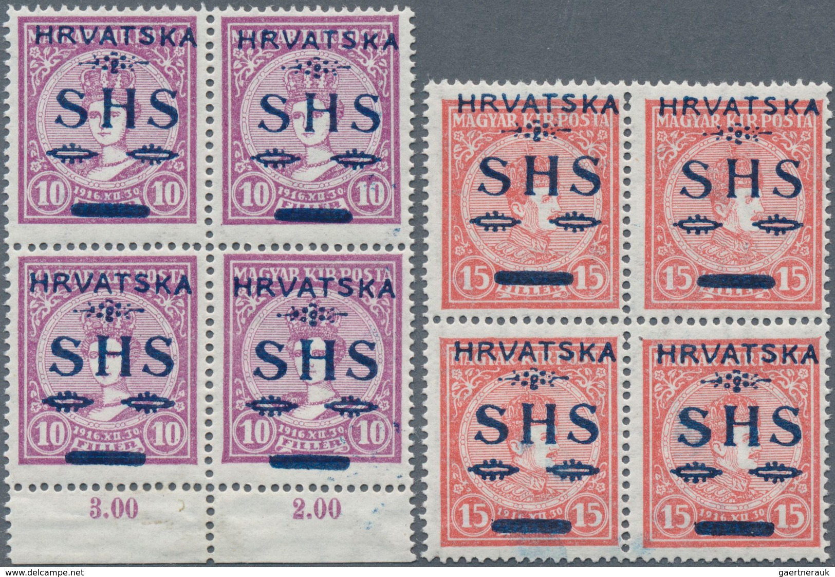 14890 Jugoslawien: 1916, 10 F Violet And 15 F Violet, Always In Mint Never Hinged Block Of Four With Overp - Lettres & Documents