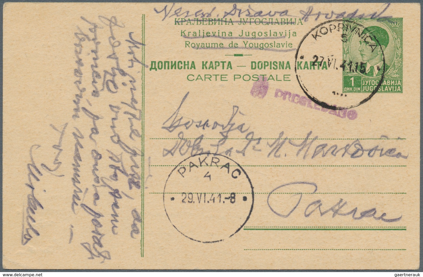 14899 Jugoslawien - Ganzsachen: 1941, 1 D Green Yugoslavian Postal Stationery Card Used In Croatia From Ko - Entiers Postaux